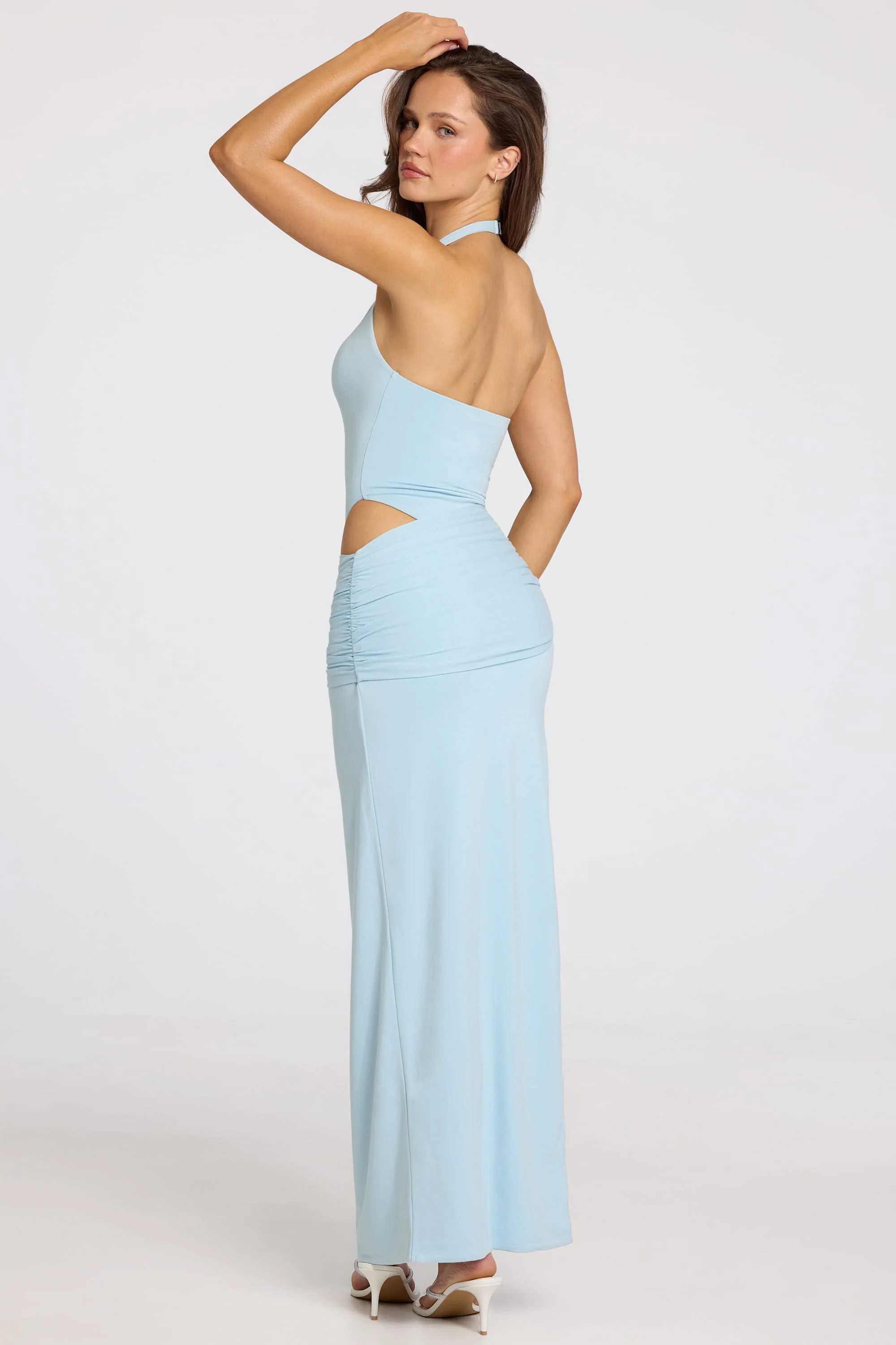Deep Plunge Halterneck Maxi Dress in Powder Blue