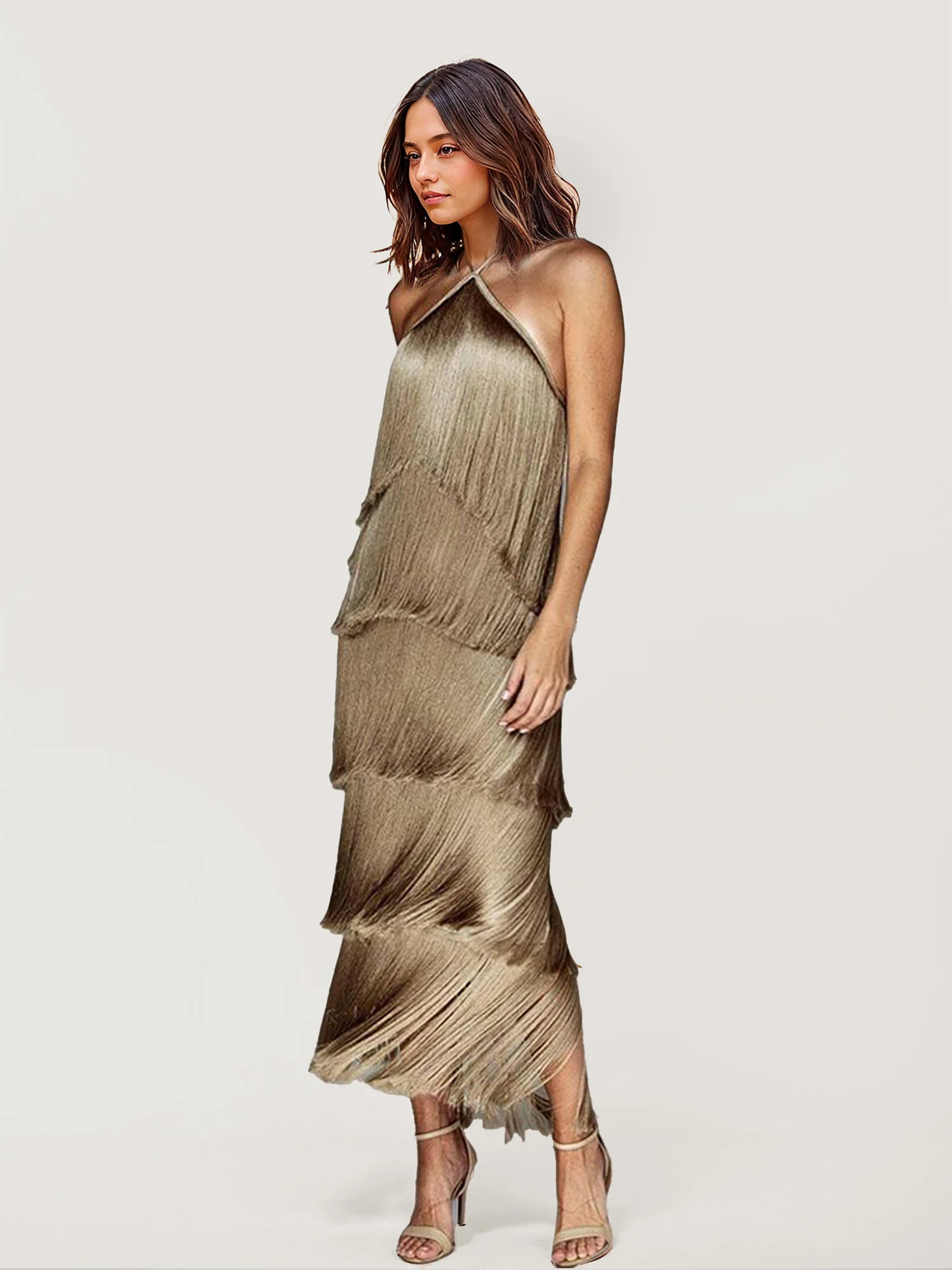 Fringed Halter Neck Midi Dress