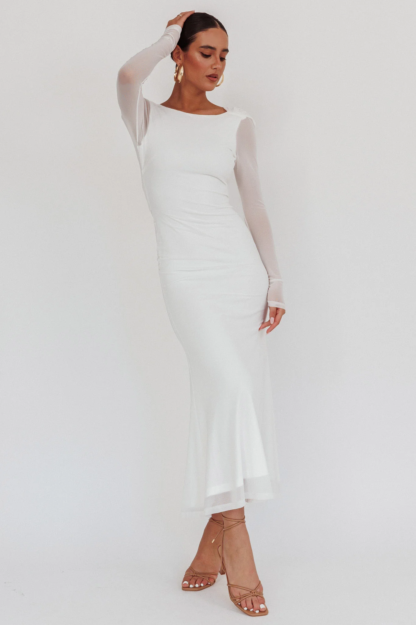 Lustre Open Back Mesh Maxi Dress White