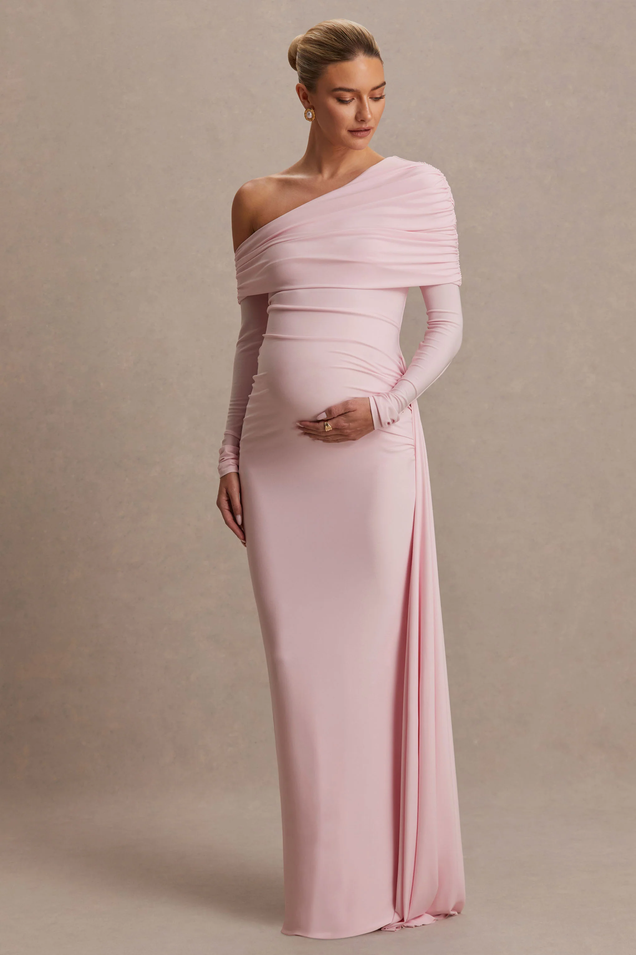 Amara | Blush Pink Asymmetric-Neck Maternity Maxi Dress With Sash Detail