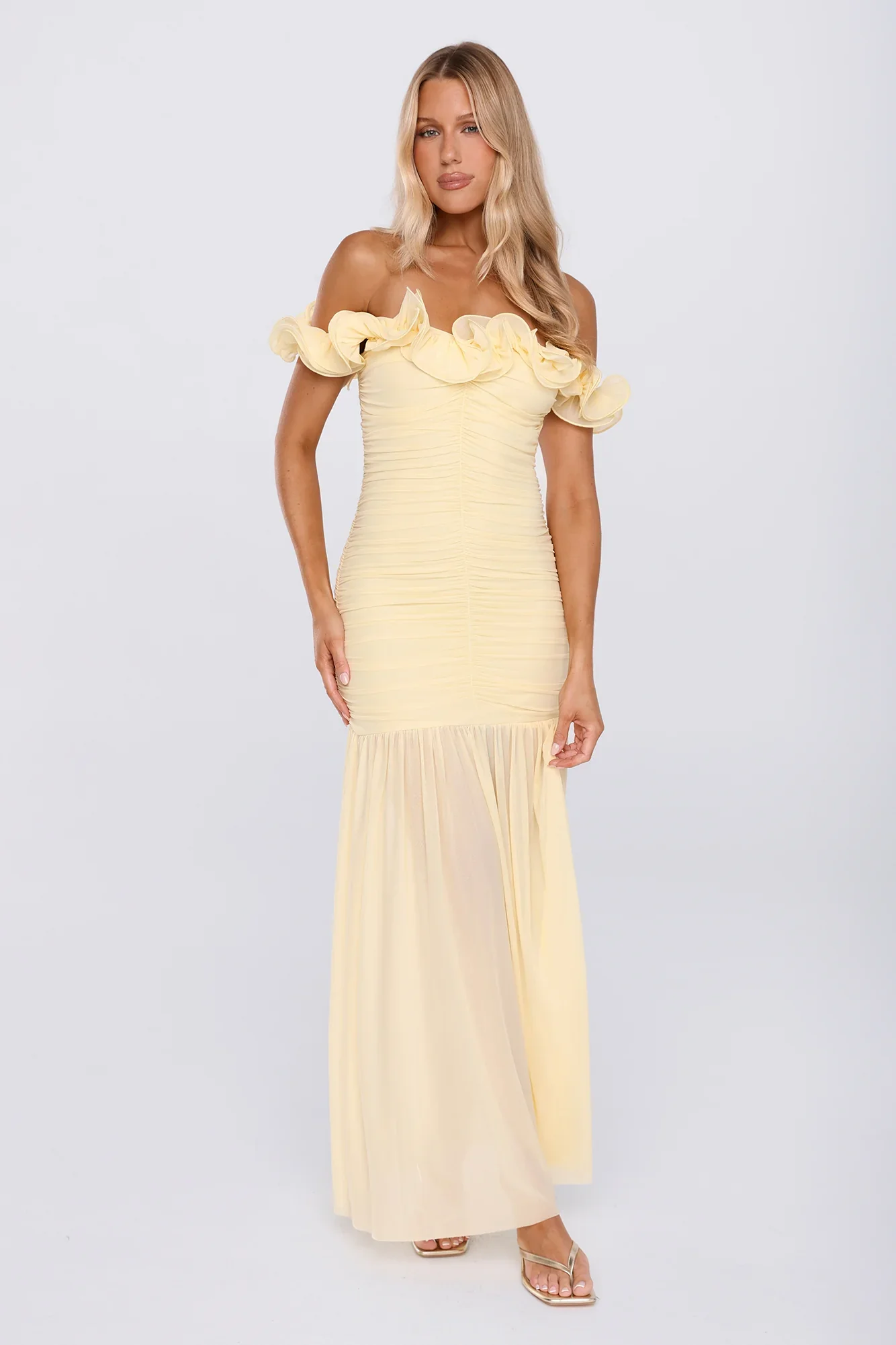 Standout Moment Mesh Off Shoulder Maxi Dress Butter