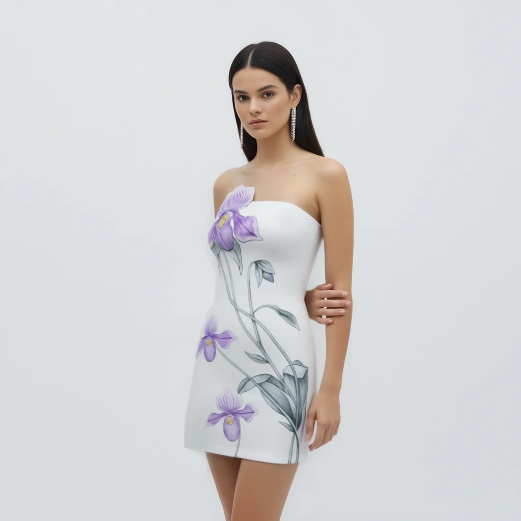 Slipper Orchid Appliqué Mini Dress - White - luluinthesky