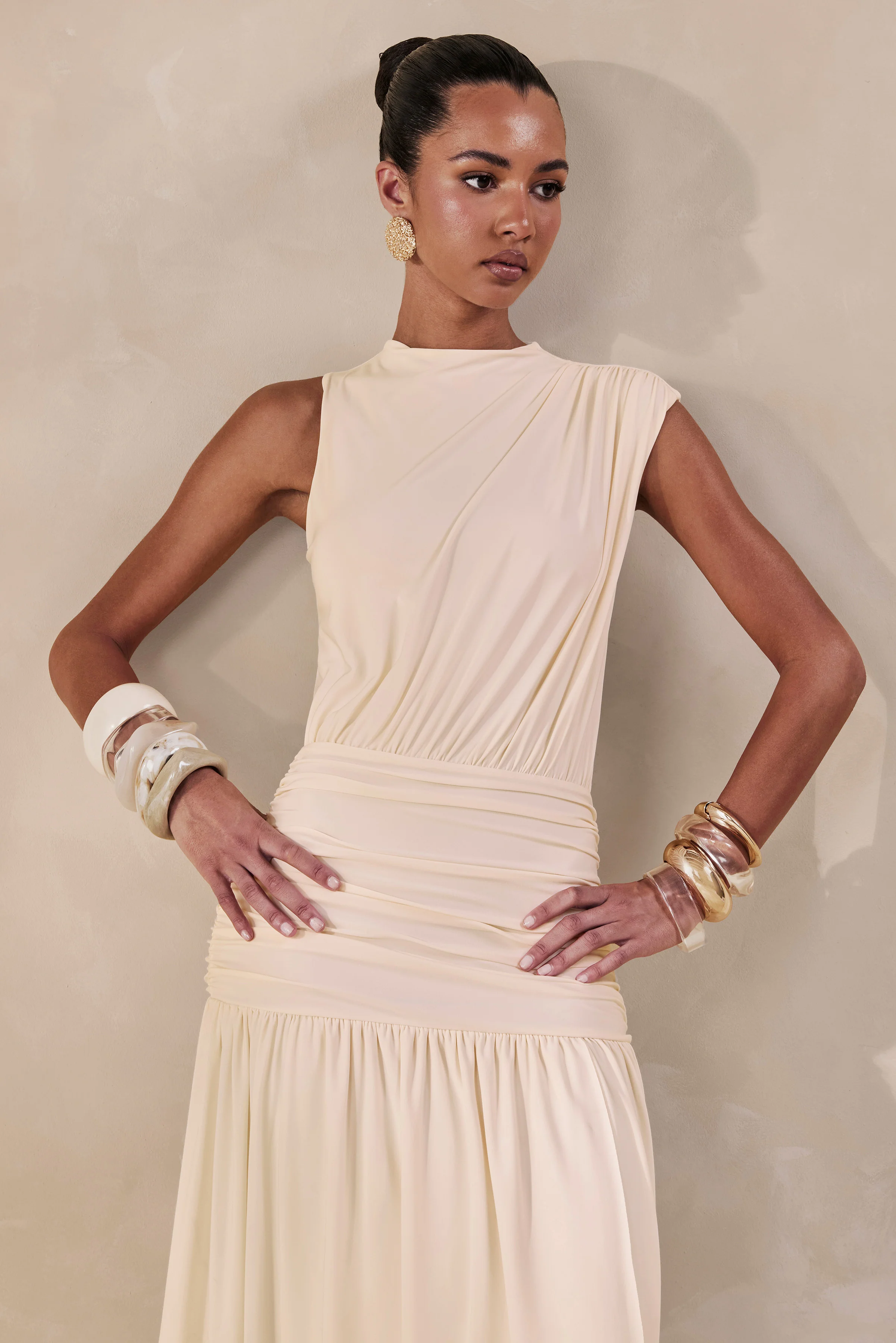 Myssara | Cream High-Neck Maxi Dress Gathered-Detailing
