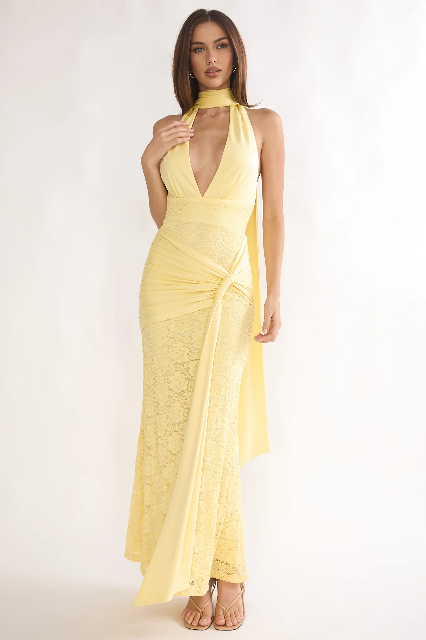 Adair Halterneck Waist Sash Maxi Dress Lace Butter