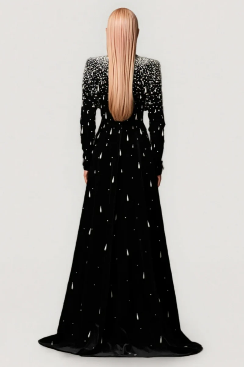 Junrty Black Pearl Beaded Maxi Dress