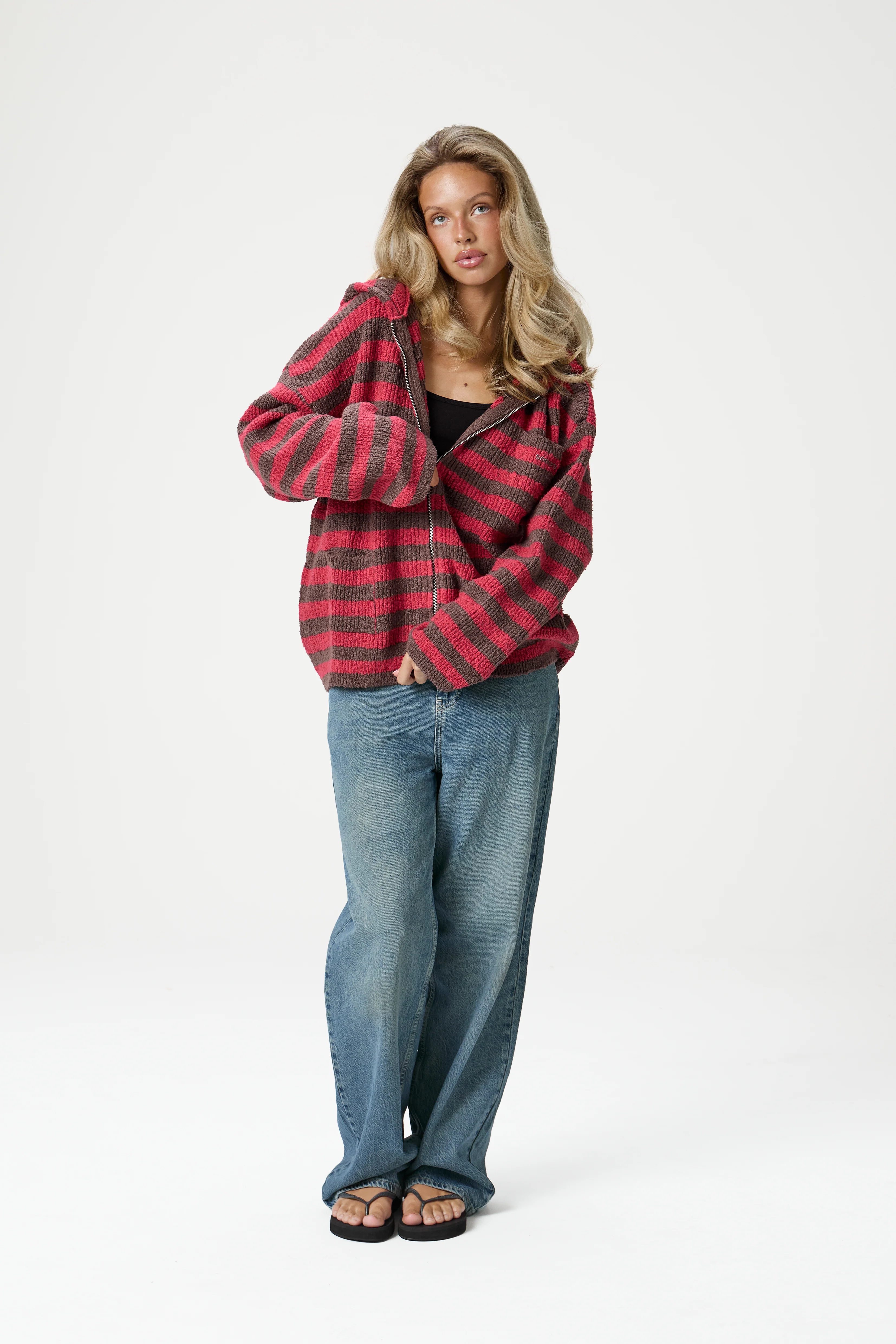 Jasper Knit Hoodie Zip Up in Red