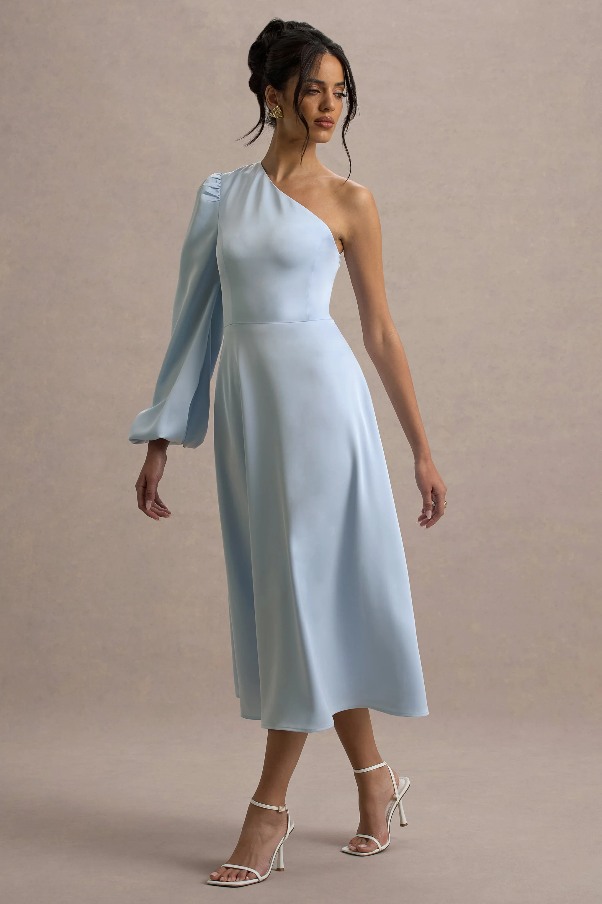 Haila | Powder Blue Satin One-Shoulder Midi Dress