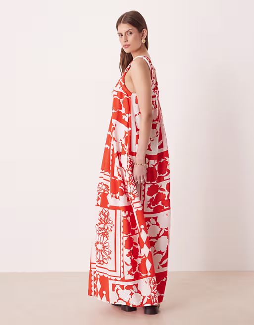 technical fabric scoop ruched neck maxi sundress in red and white patchwork print