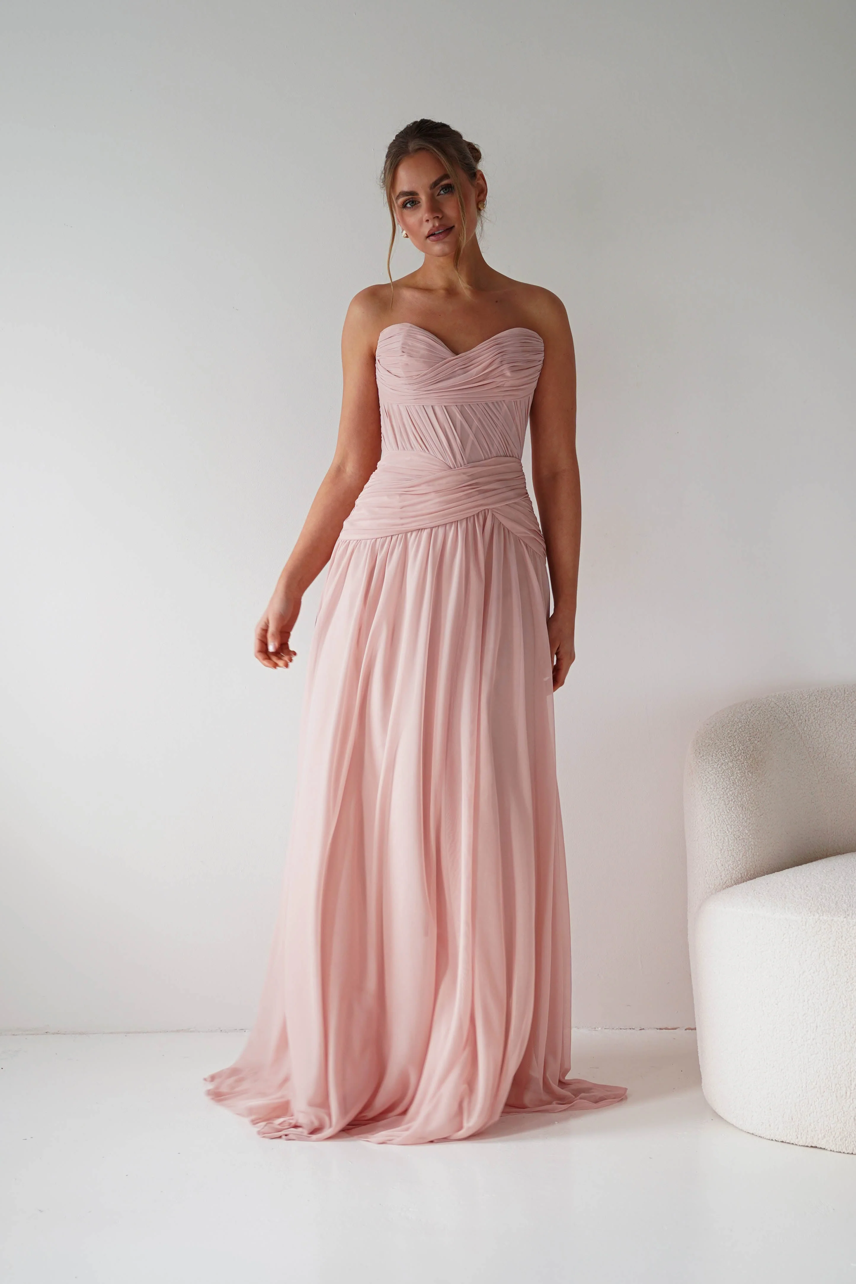 Nicolette Strapless Chiffon Maxi Gown | Blush