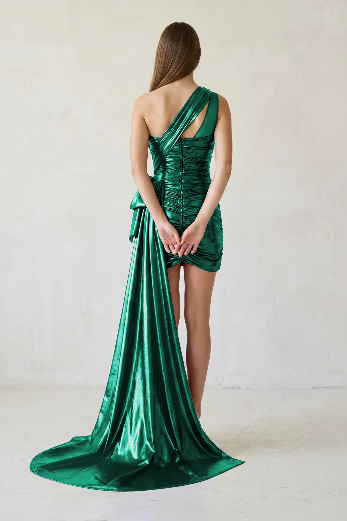 Metallic Green One-Shoulder Ruched Homecoming Dress