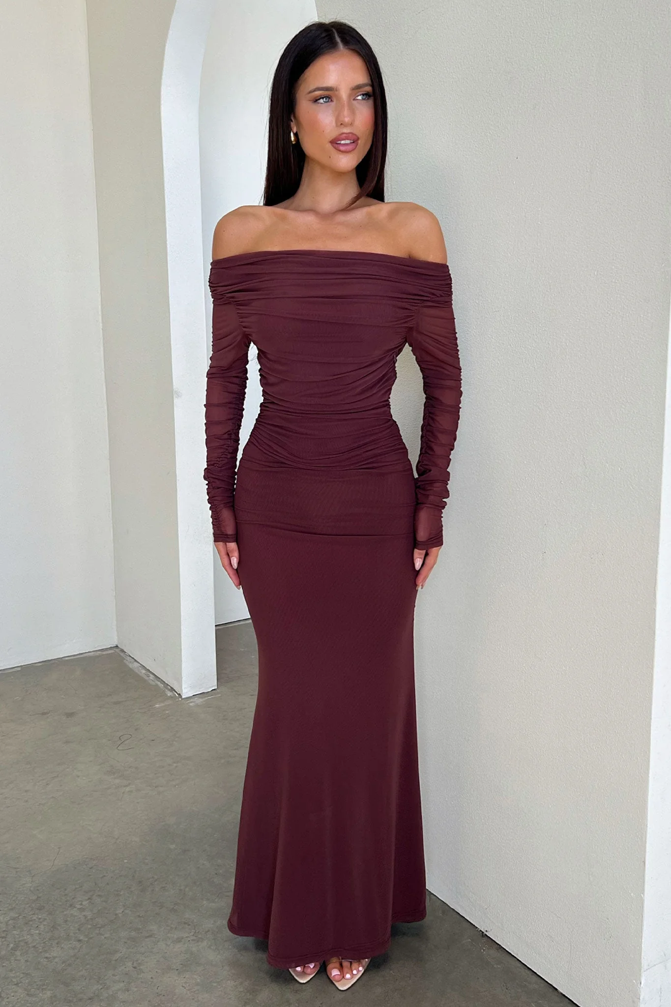 Rowan Long Sleeve Mesh Maxi Dress -  Brown