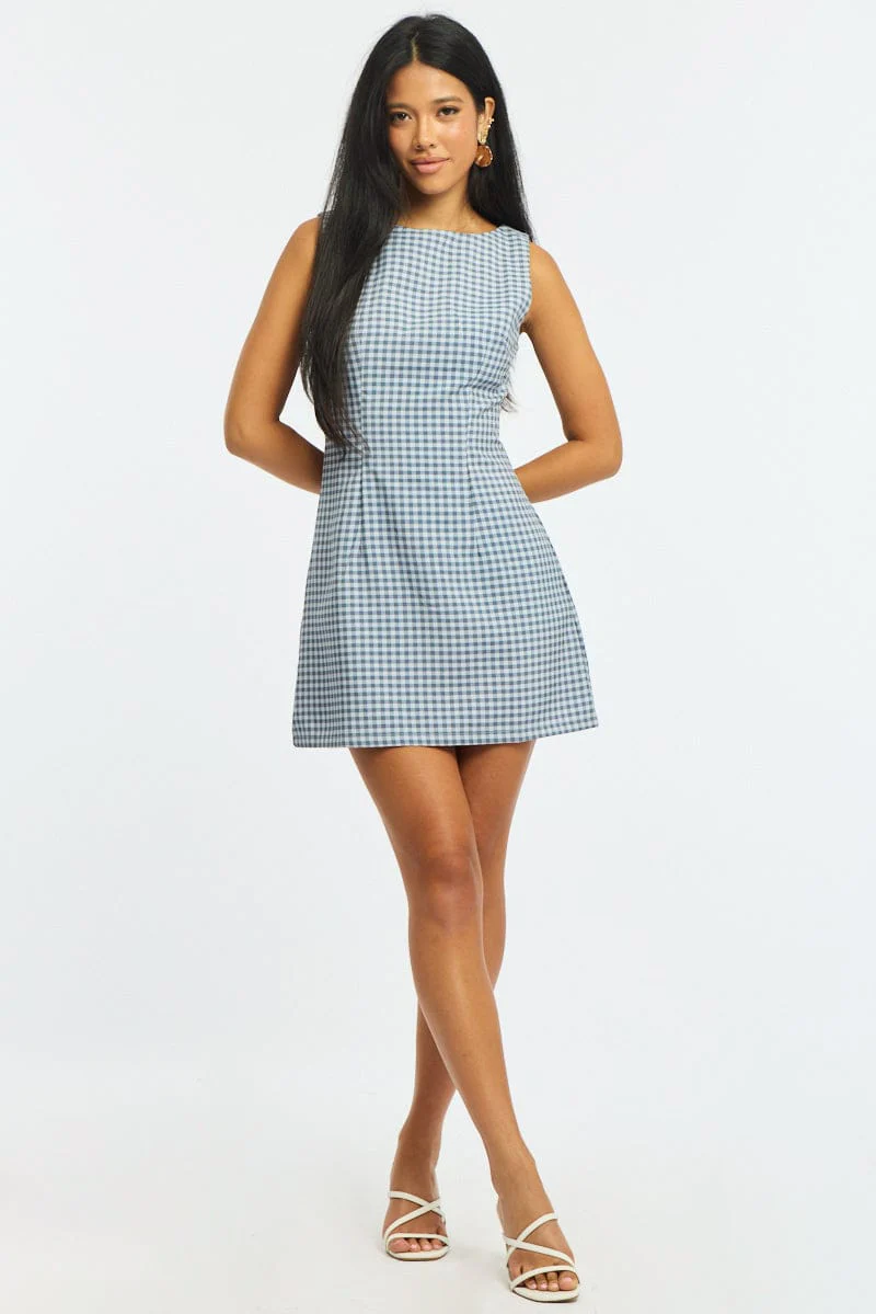 Blue Check Bodycon Dress Mini Check