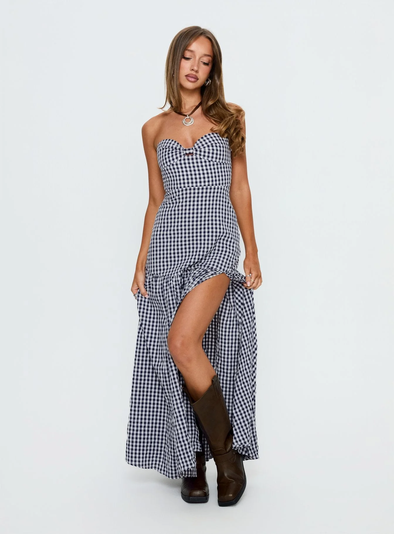 Luckystar Strapless Sweetheart Maxi Dress Navy Gingham