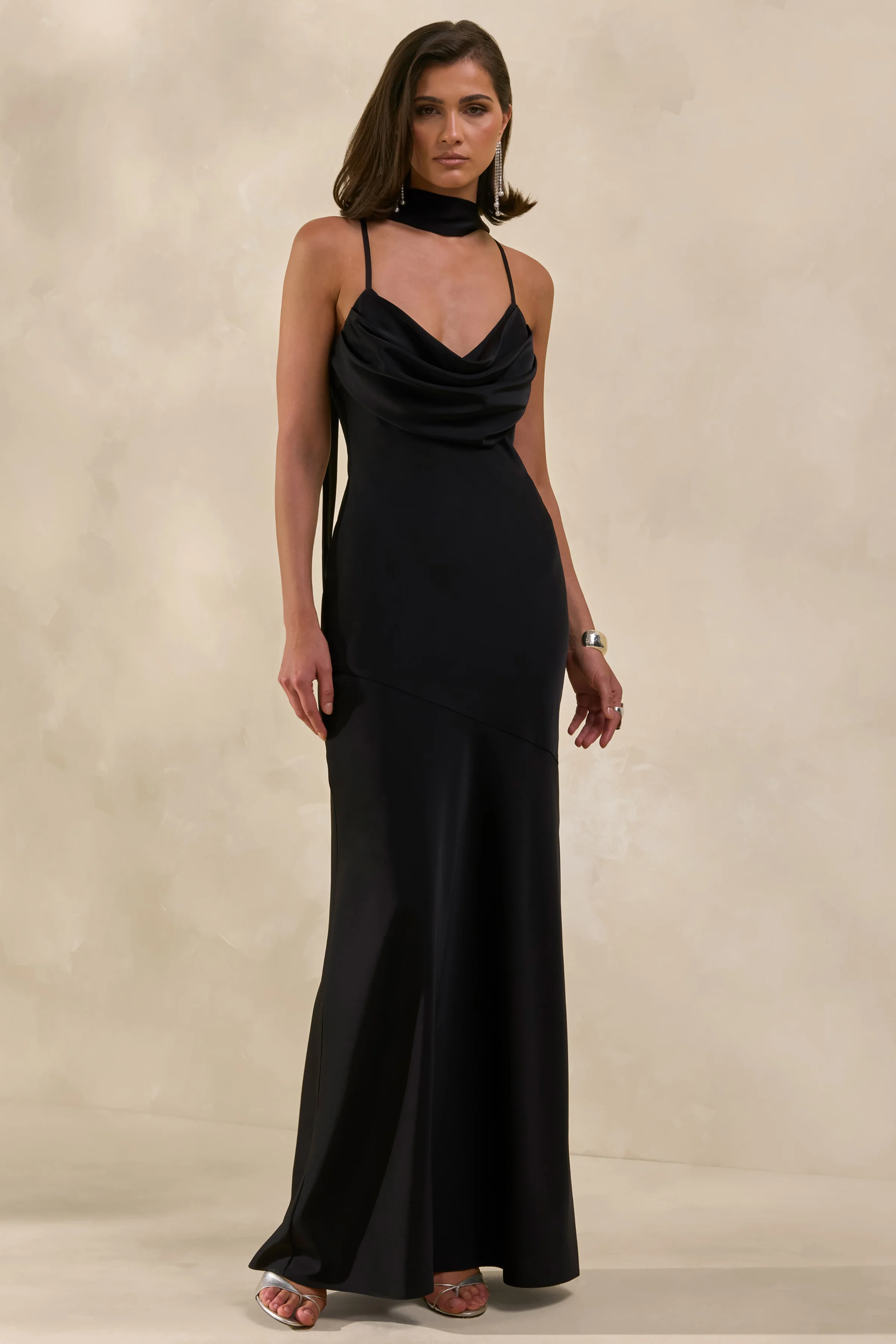 Anarelle | Black Satin Cowl-Neck Maxi Dress