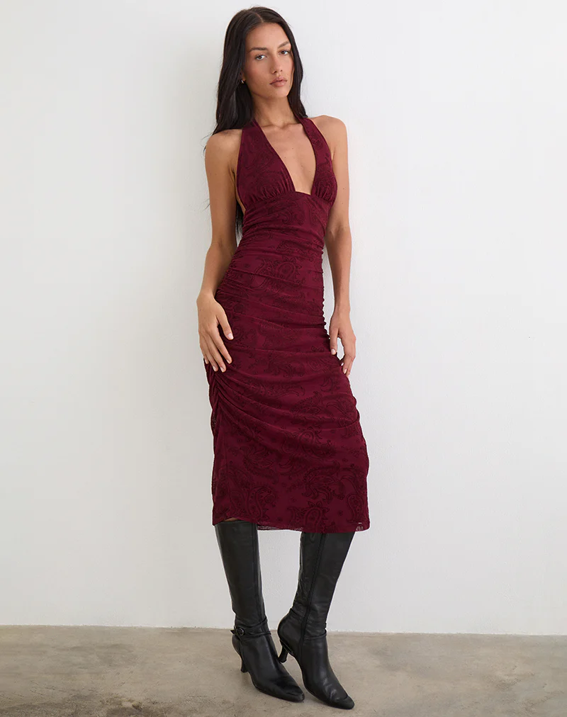 Kamau Dress in Flock Compact Paisley Wine