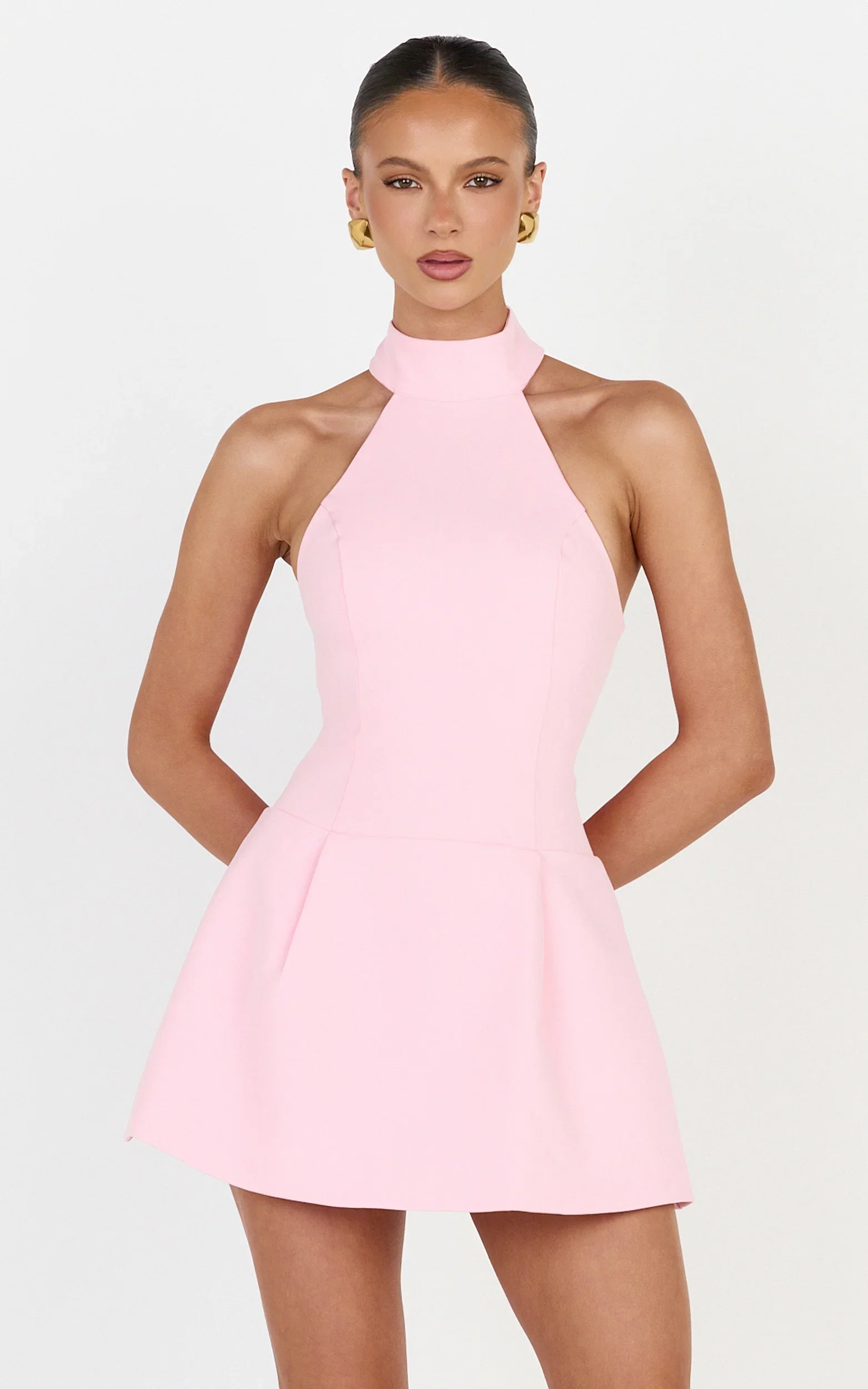 Helia Mini Dress - High Halter Neck Scarf Detail A Line Dress in Pink