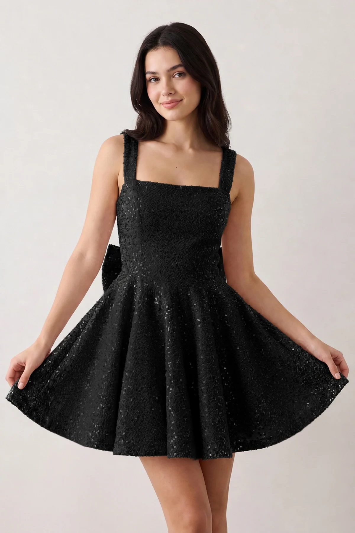 Sparkly Pink Square Neck A-Line Sequin Ruched Homecoming Dress with Bow