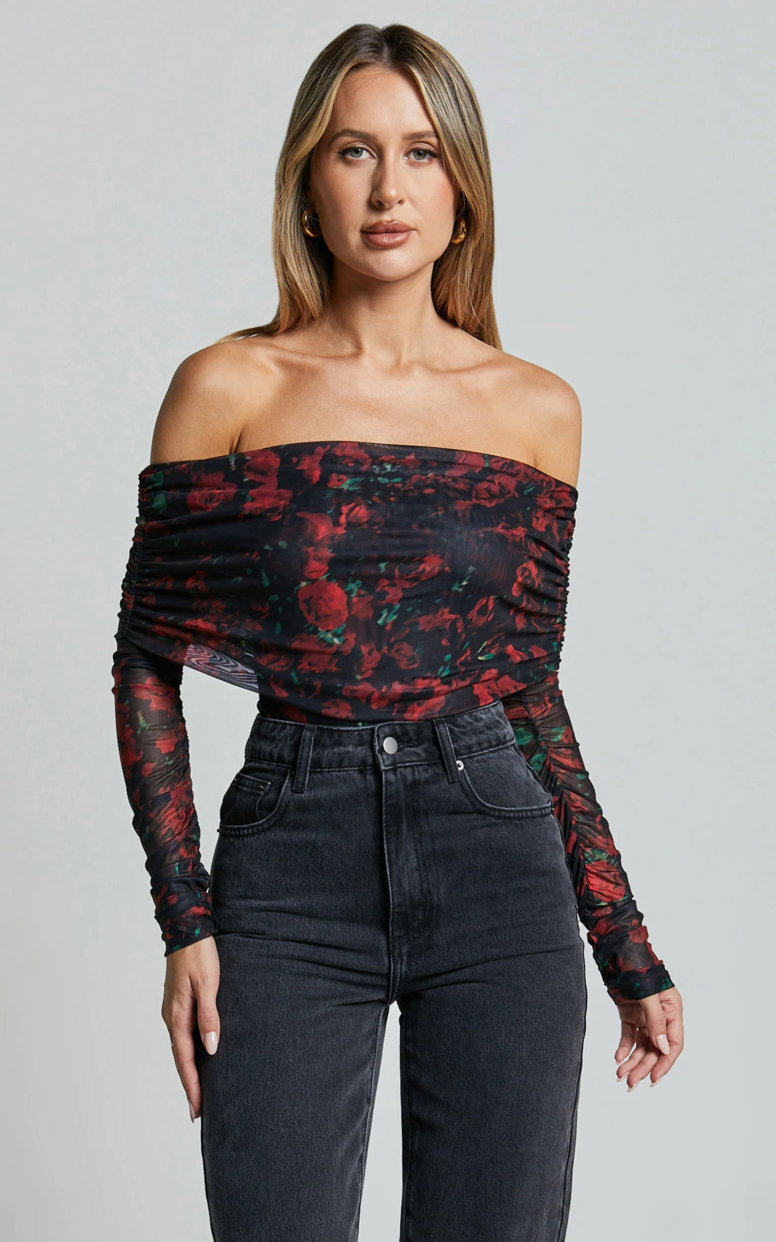 Jaythen Bodysuit - Long Sleeve Off Shoulder Ruched Mesh Bodysuit in Red Rose
