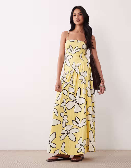 tie back crinkle cami midi dress with asymmetric waist in yellow sketch floral print
