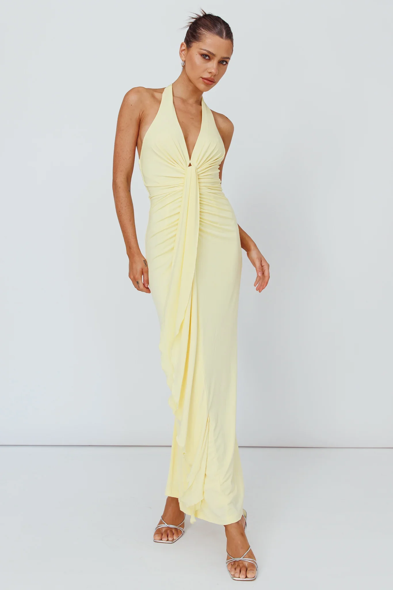 Ray Of Light Ruched Halterneck Maxi Dress Lemon