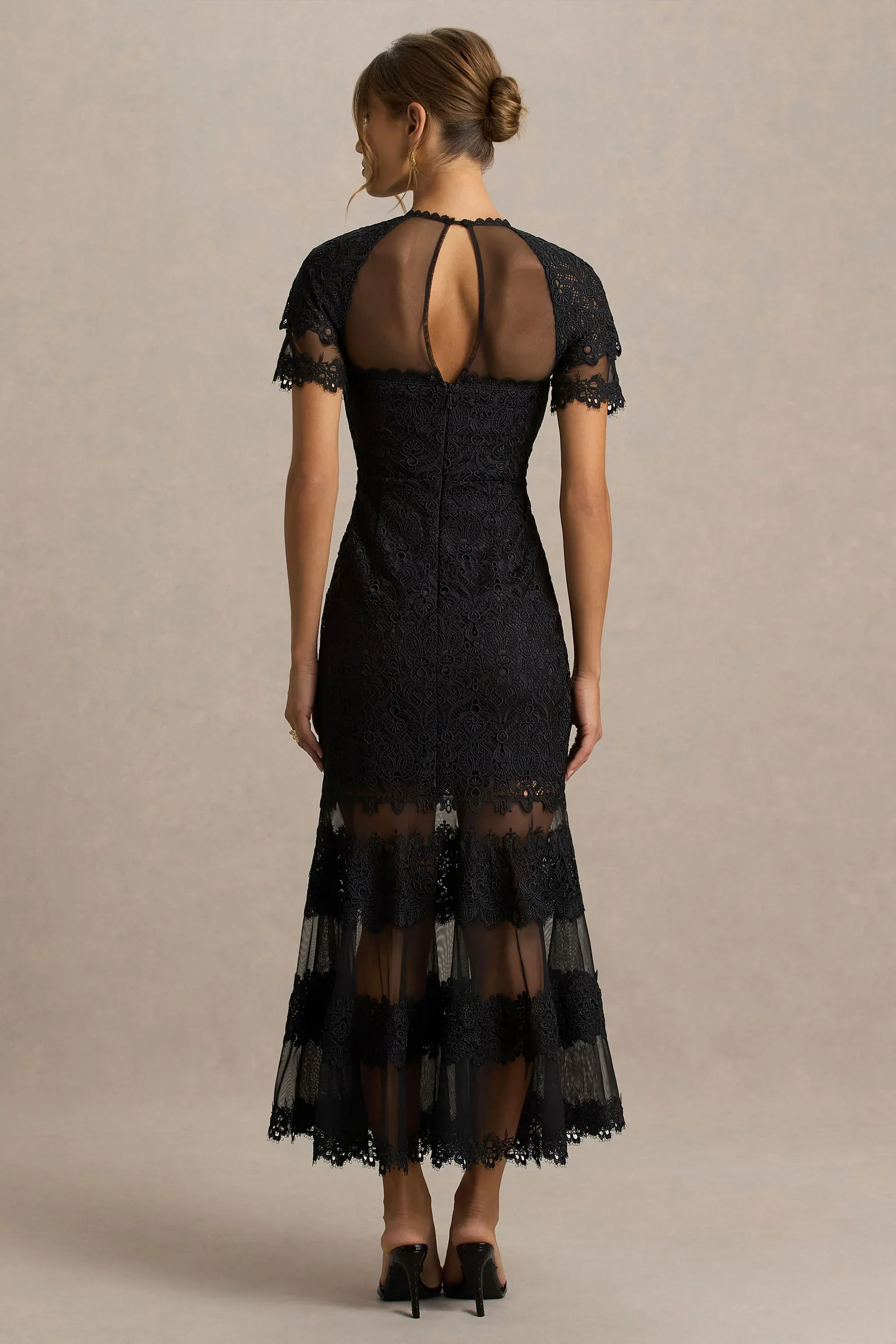 Leanne | Black Mesh And Lace Crew-Neck Fishtail Midi Dress