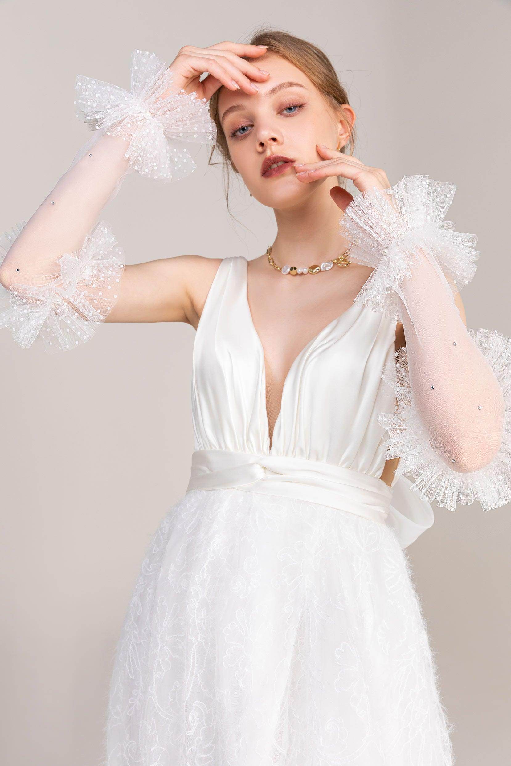 Fingerless Opera Length Tulle Wedding Gloves Beading CD0065