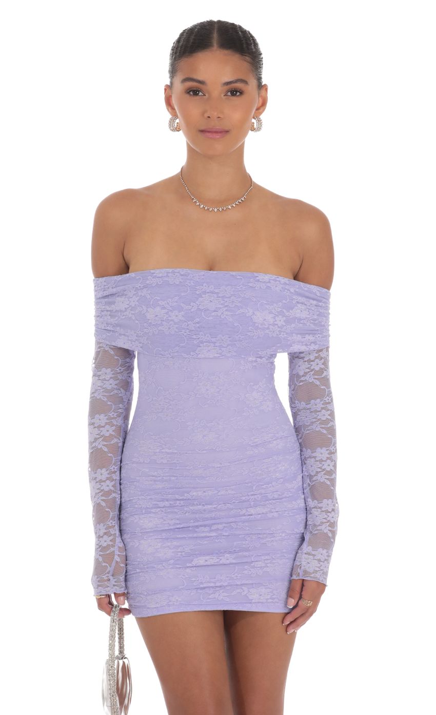 Off Shoulder Long Sleeve Lace Dress in Lavender