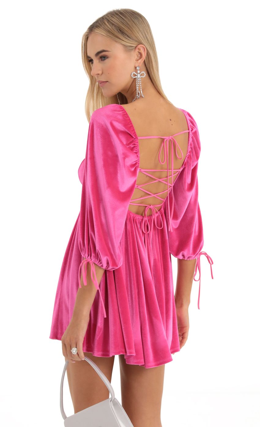 Velvet Baby Doll Dress in Hot Pink