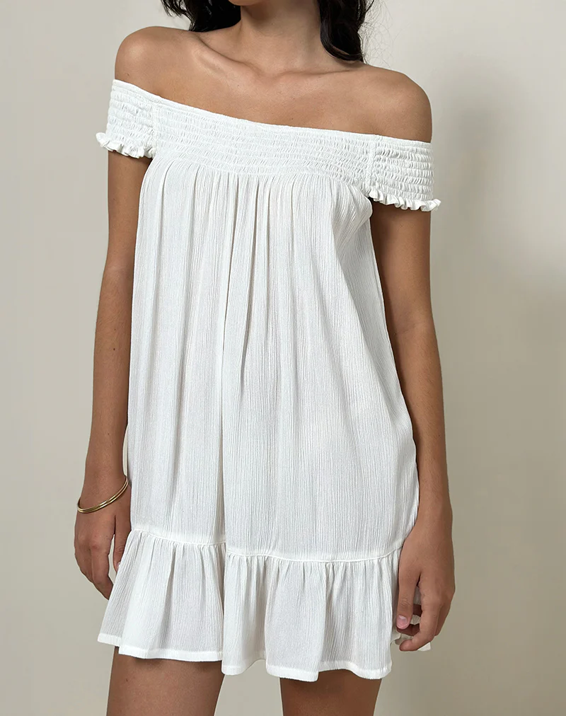Panasi Bardot Babydoll Mini Dress in Off White