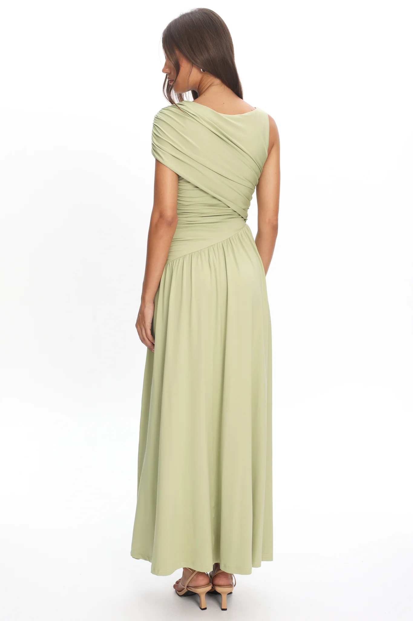 Adiel Ruched Asymmetric Waist Maxi Dress Olive - luluinthesky