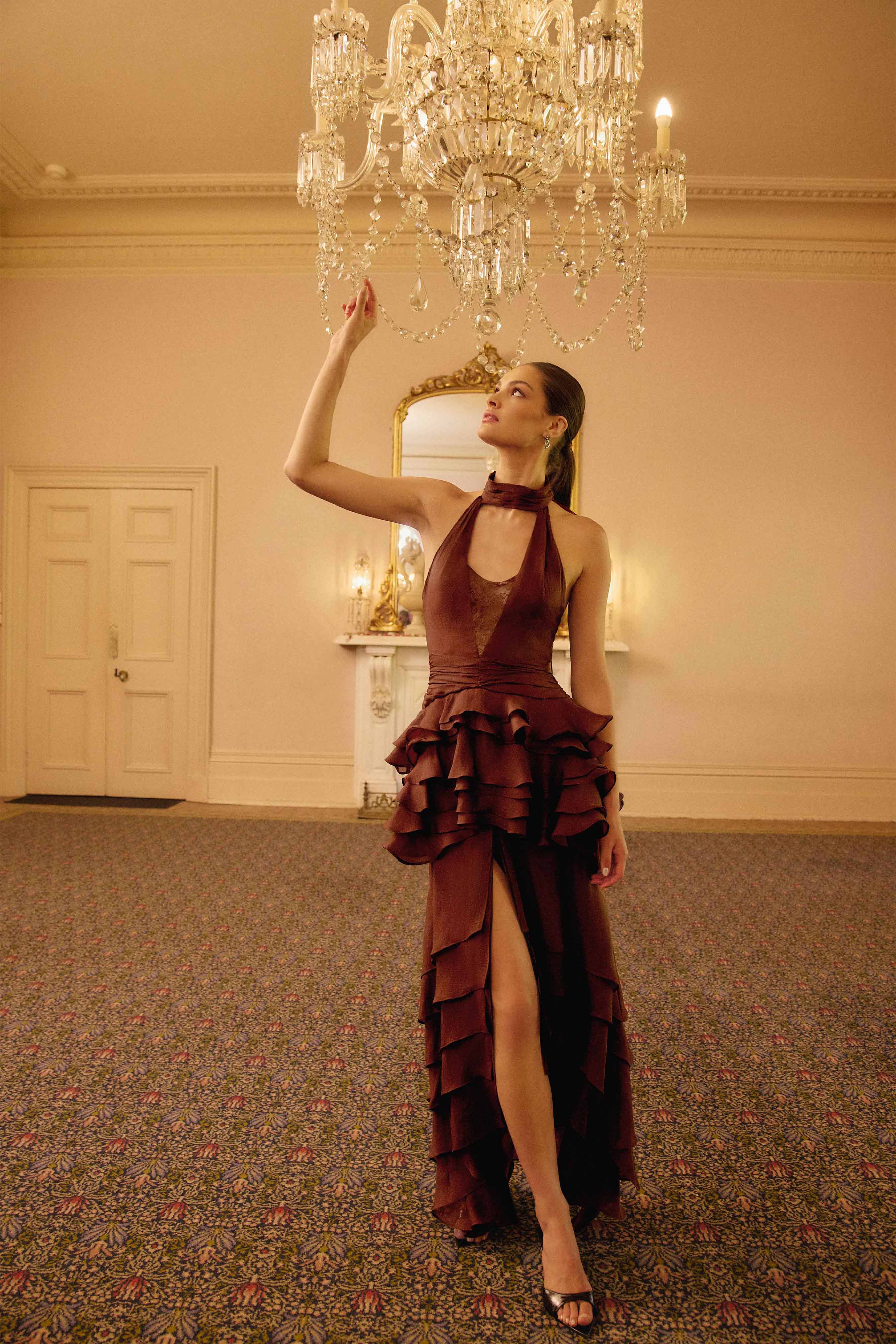 Rosera Halter Gown in Chocolate Brown