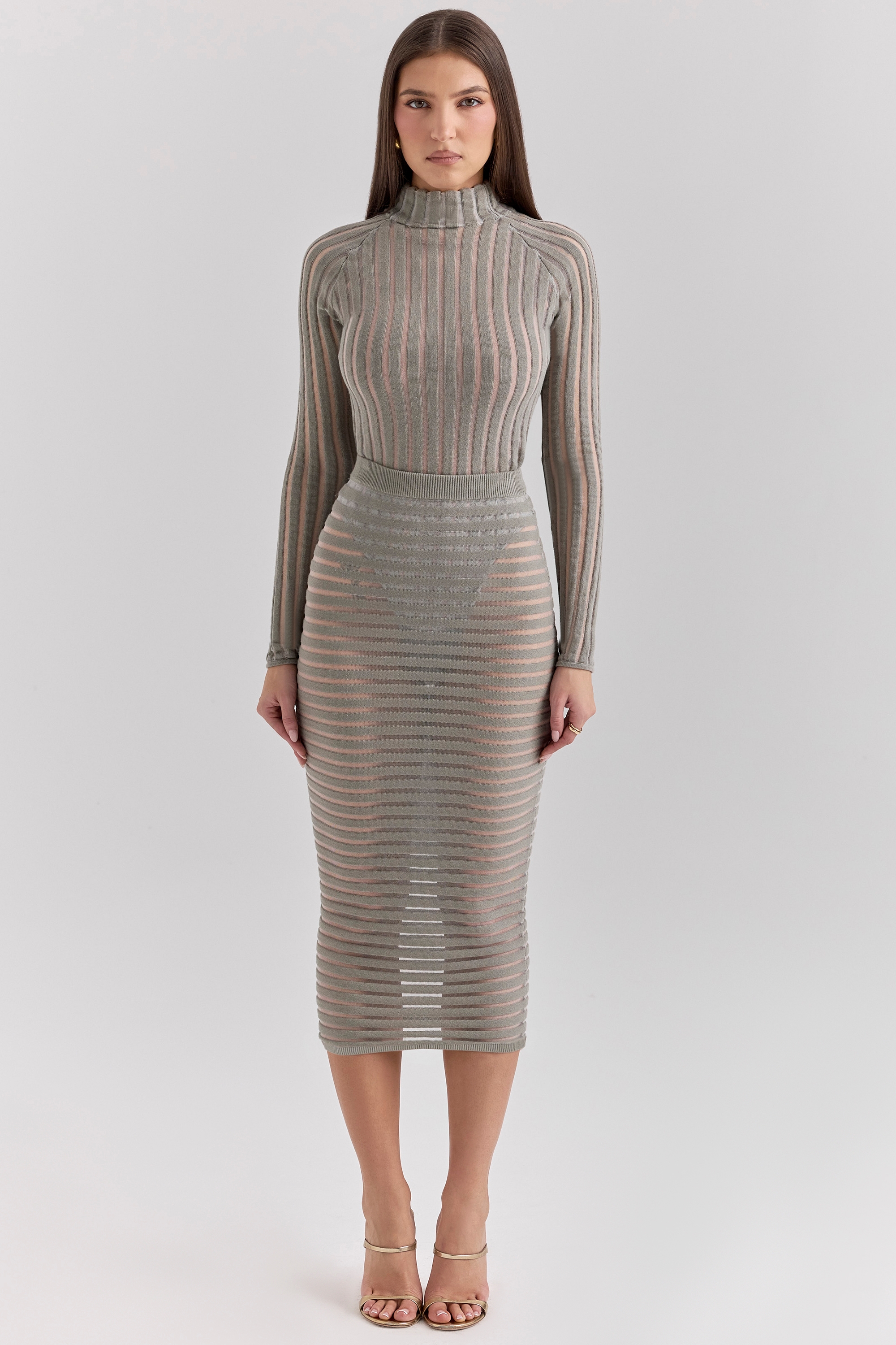 grey velour sheer striped midi skirt