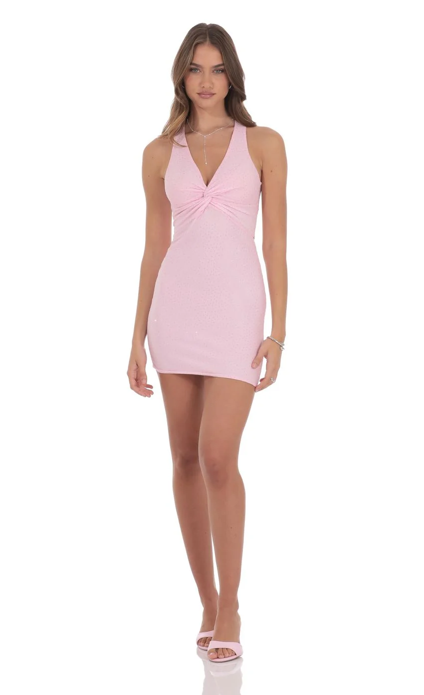 Rhinestone TwistV-Neck Dress in Pink