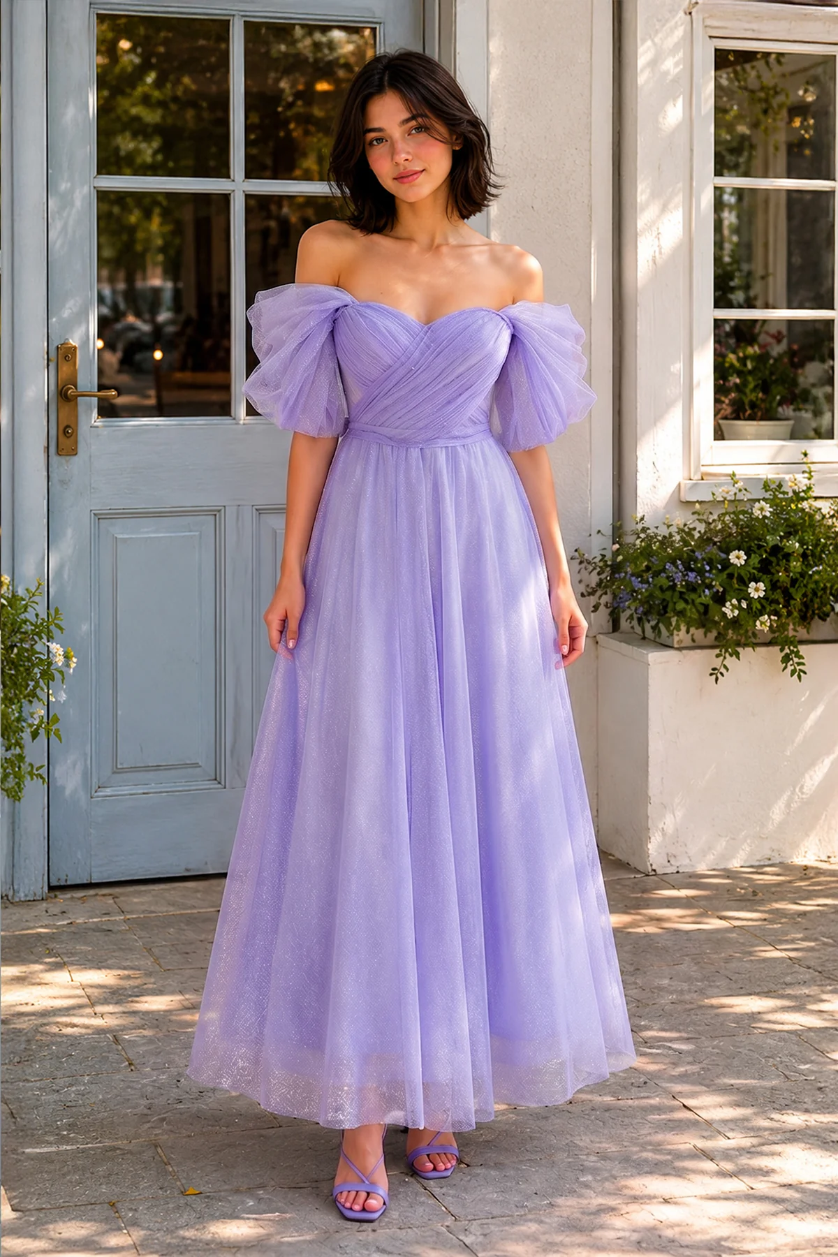 Shiny Tulle Off the Shoulder Light Blue Tea Length Prom Dress