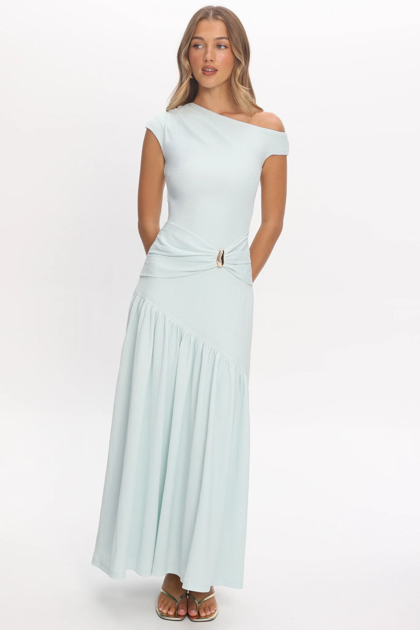 Bellarose Asymmetric Neckline Maxi Dress Light Blue - FASHION NOB