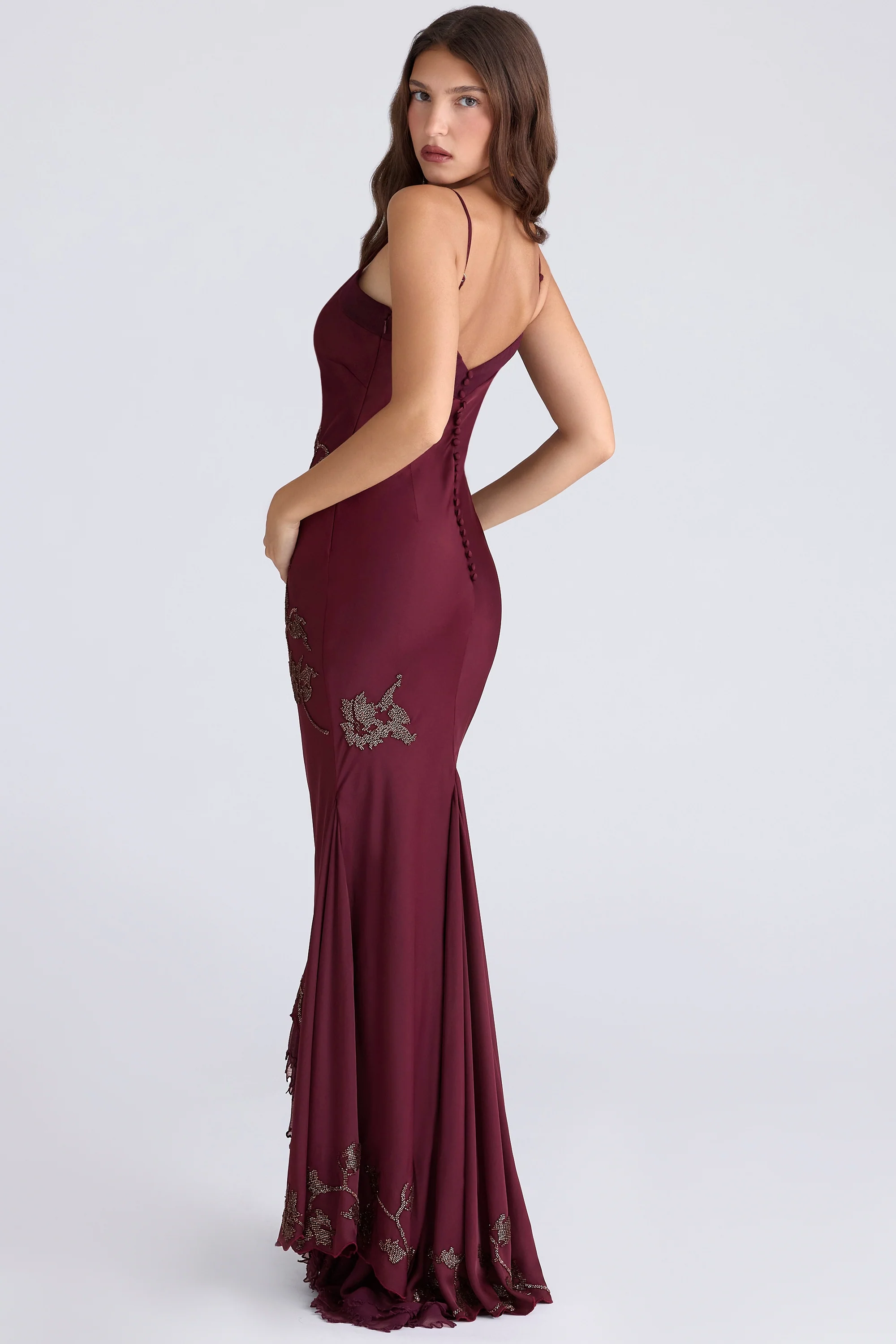 plum hand beaded embellished satin maxi gown - limited edition - luluinthesky
