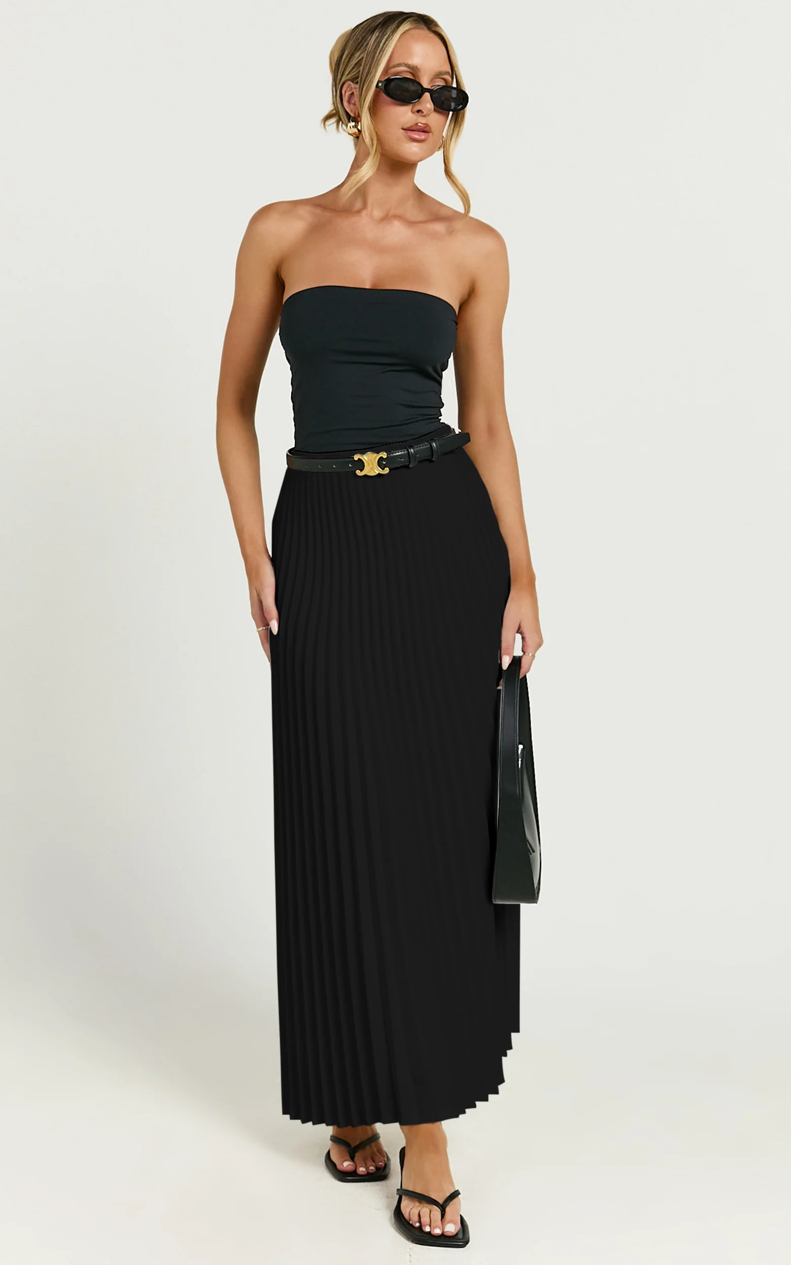 Harlee Midi Skirt - Pleated High Waist A Line Skirt in Black