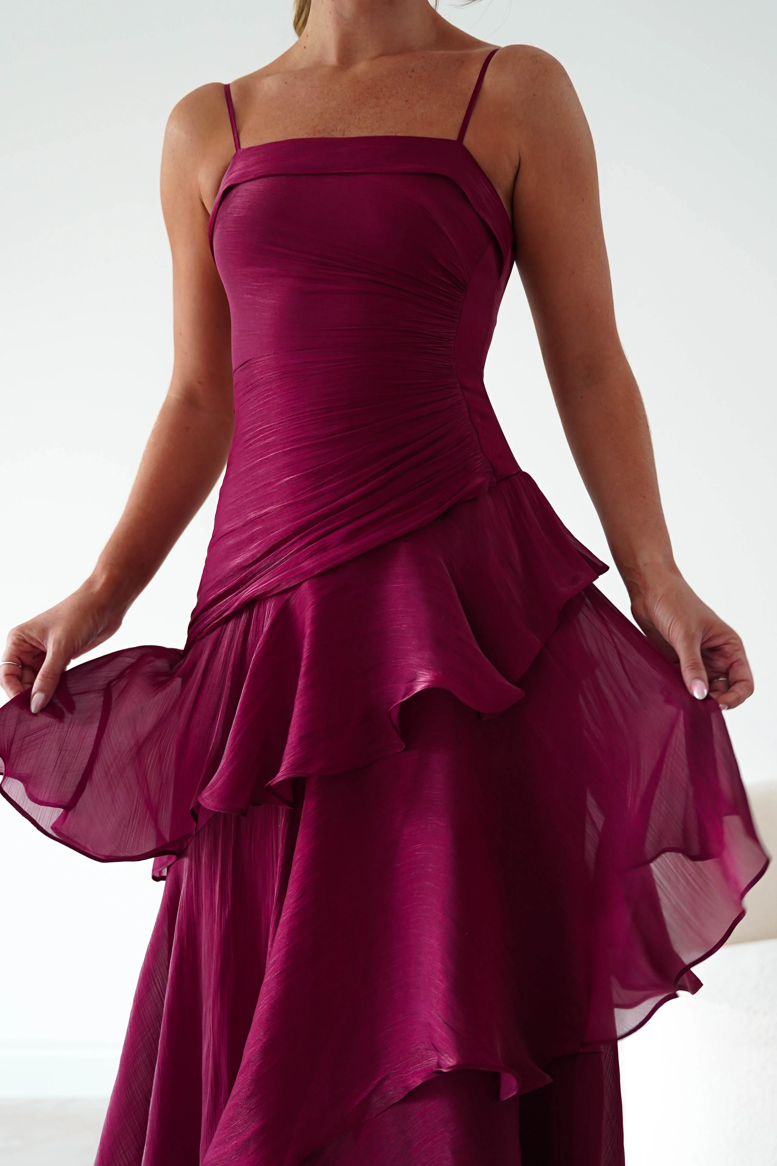 Renee Luminescent Ruffle Maxi Dress | Wine