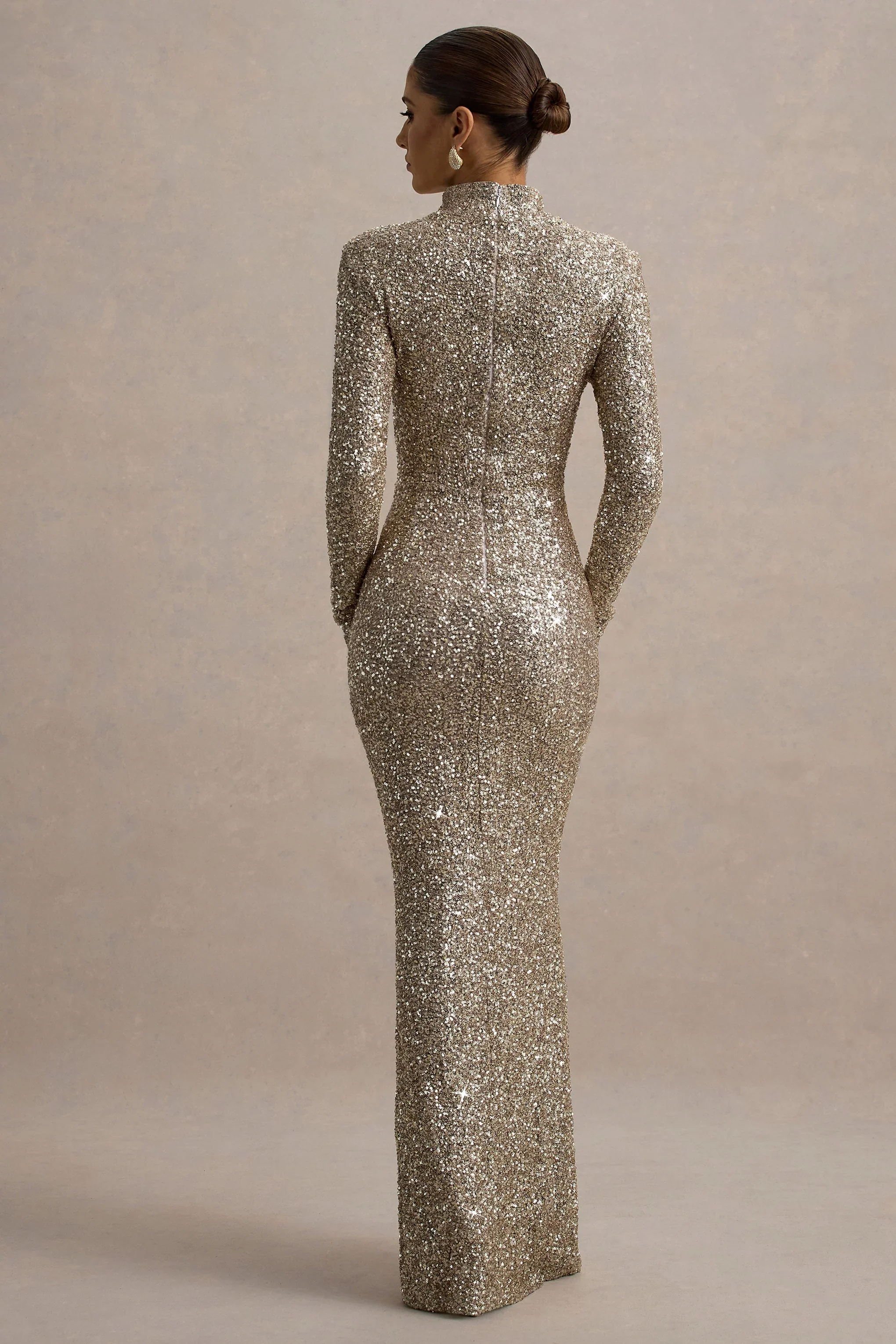 Galaxy | Champagne Sequin Turtle-Neck Long-Sleeve Maxi Dress