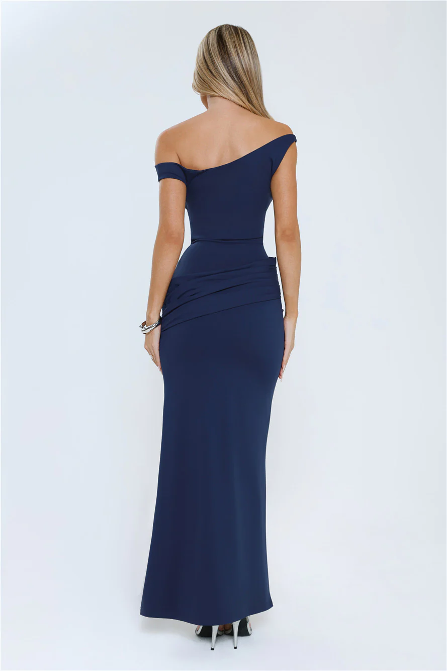 Caught In The Spotlight Off Shoulder Maxi Dress Navy