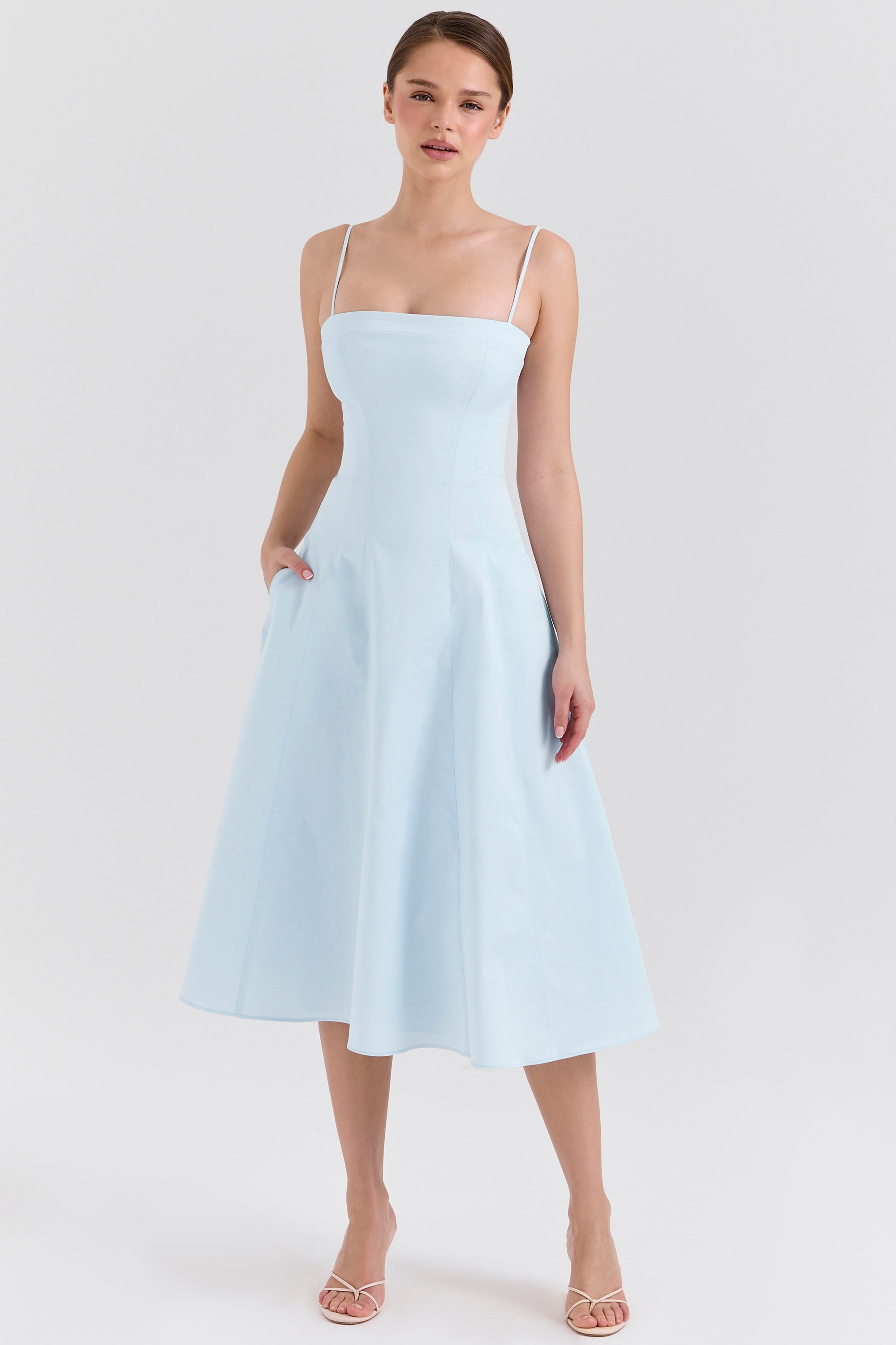 soft blue stretch cotton a-line midi sundress