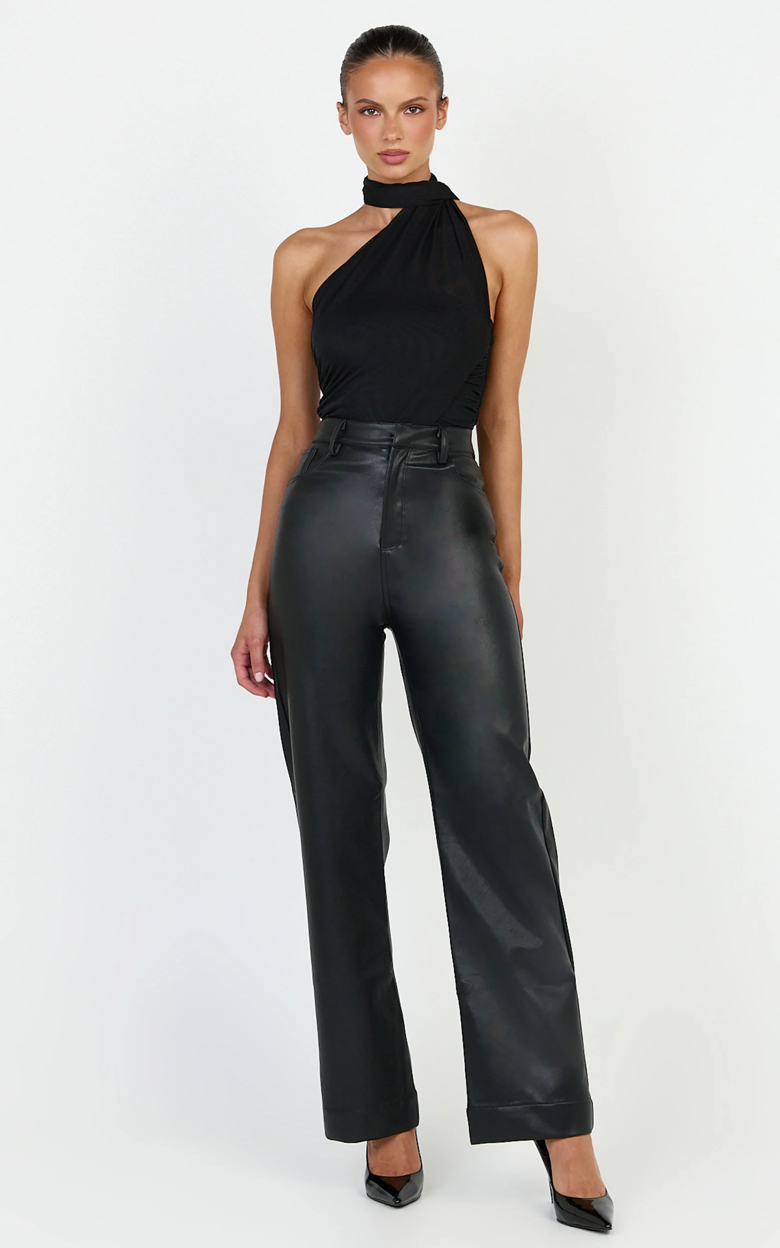 Lucienne Bodysuit - One Shoulder Draped Scarf Bodysuit in Black