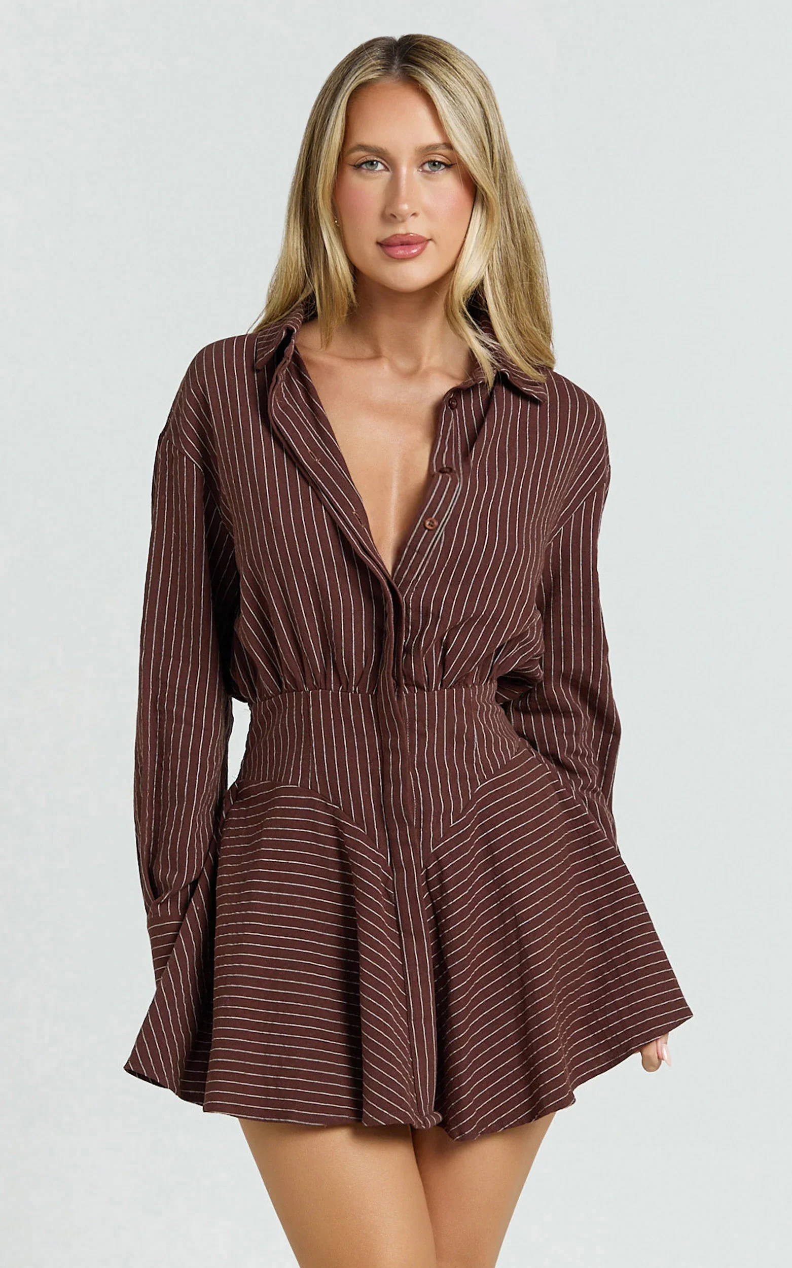 Whitney Mini Dress - Linen Long Sleeve Shirt Dress in Chocolate Pinstripe