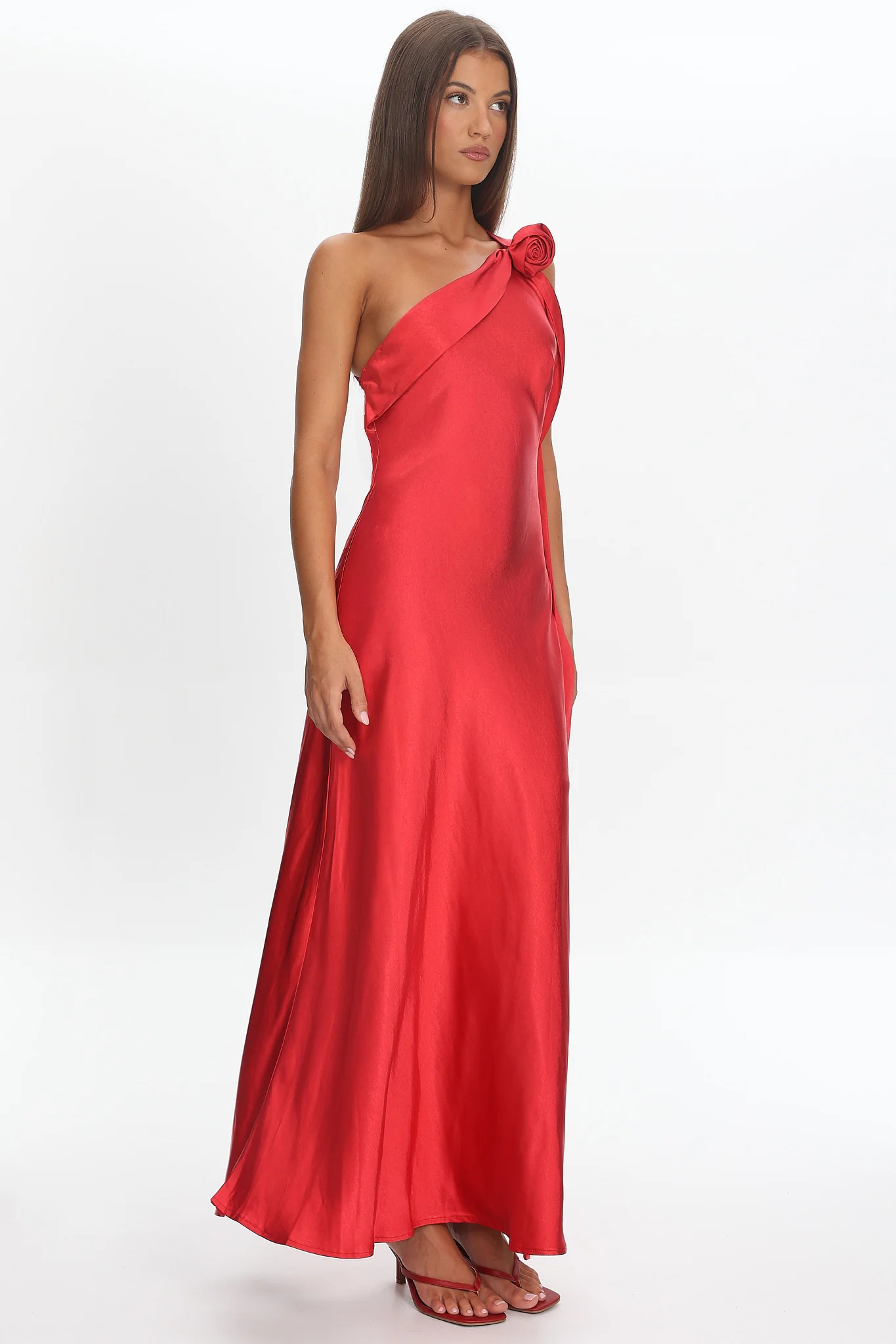 Star Fall One-Shoulder Rosette Maxi Dress Red - luluinthesky