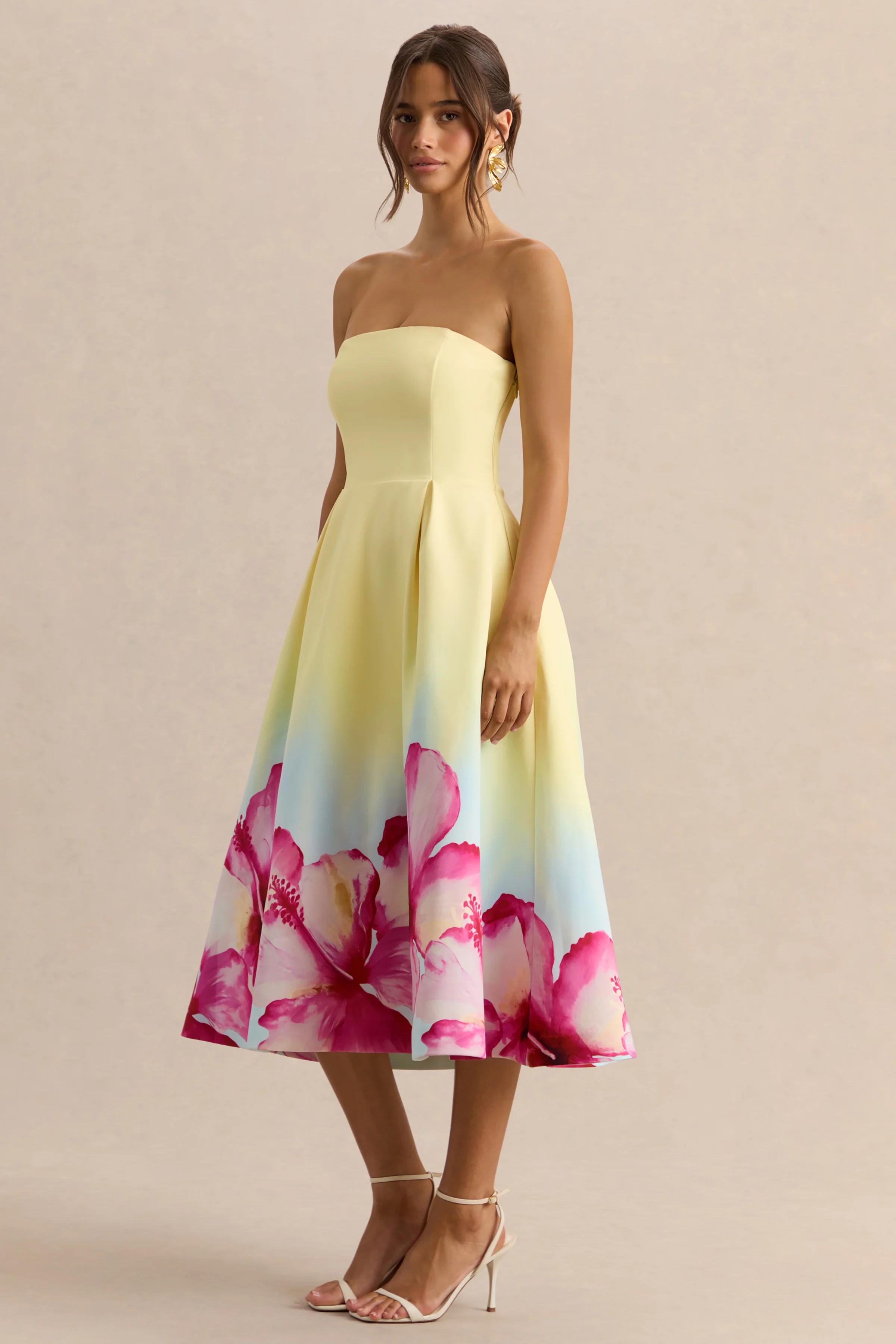 Zoya | Yellow Ombre Lily Print Bandeau Midi Dress