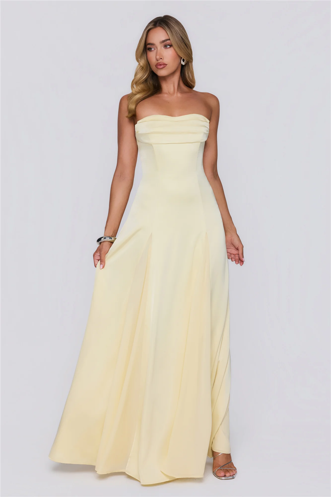 Moment Of Class Strapless Satin Maxi Dress Lemon