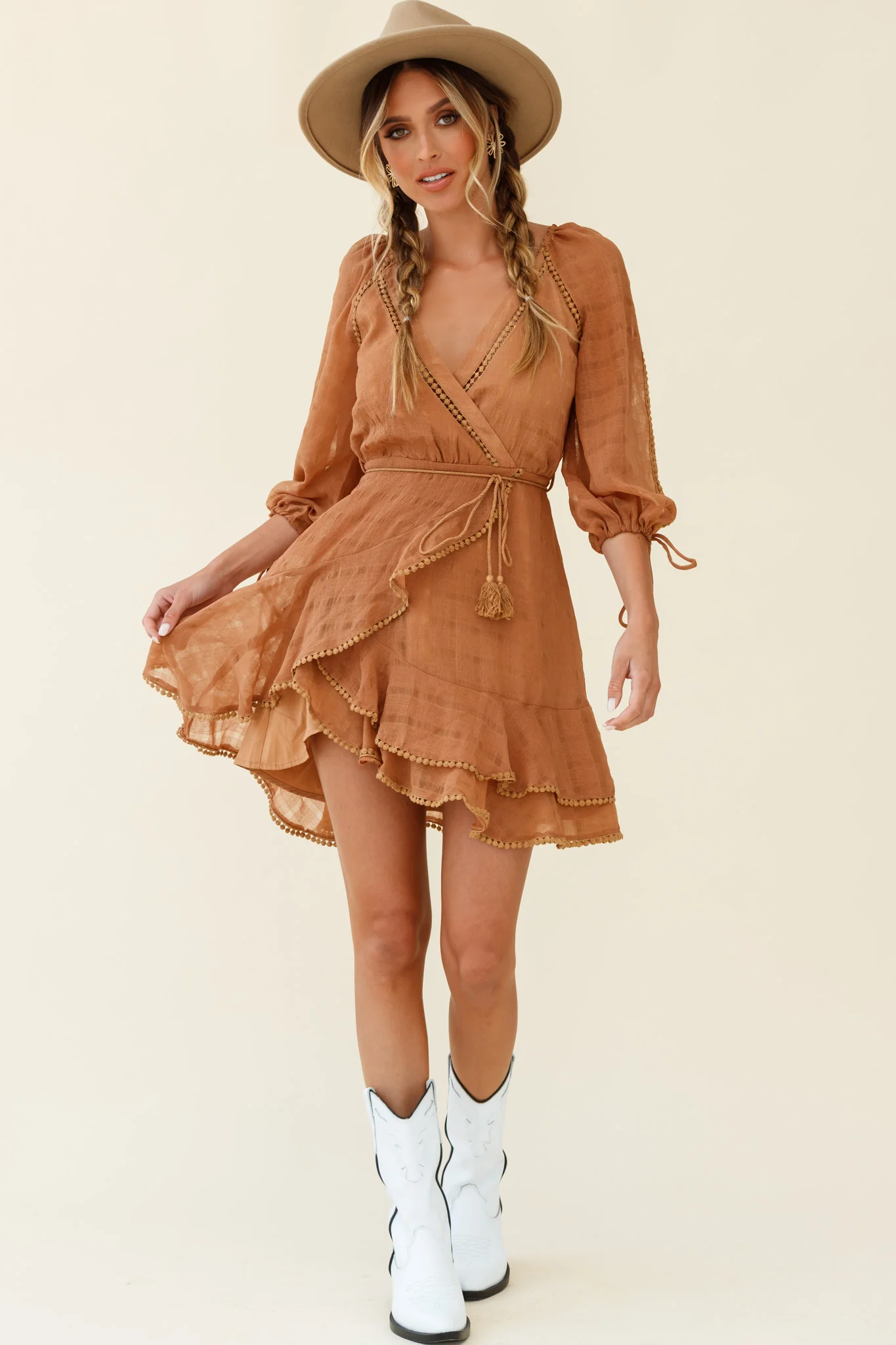 Wilde Balloon Sleeve Crochet Trim Dress Tan