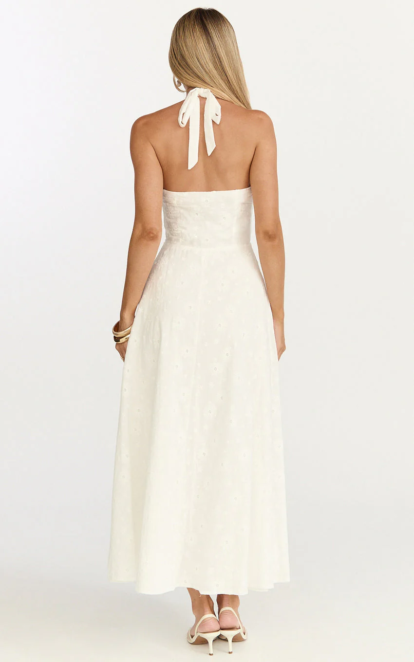 Lyra Midi Dress - Broderie Ruched Bust Halter Neck Dress in White - luluinthesky