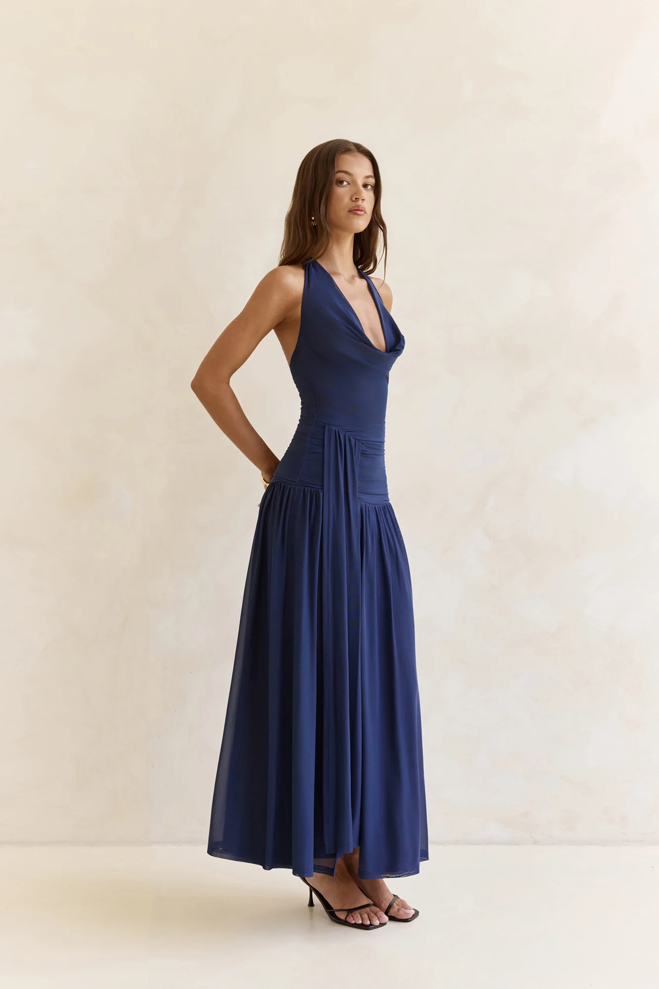 Dancing Skies Mesh Halter Maxi Dress Navy - luluinthesky