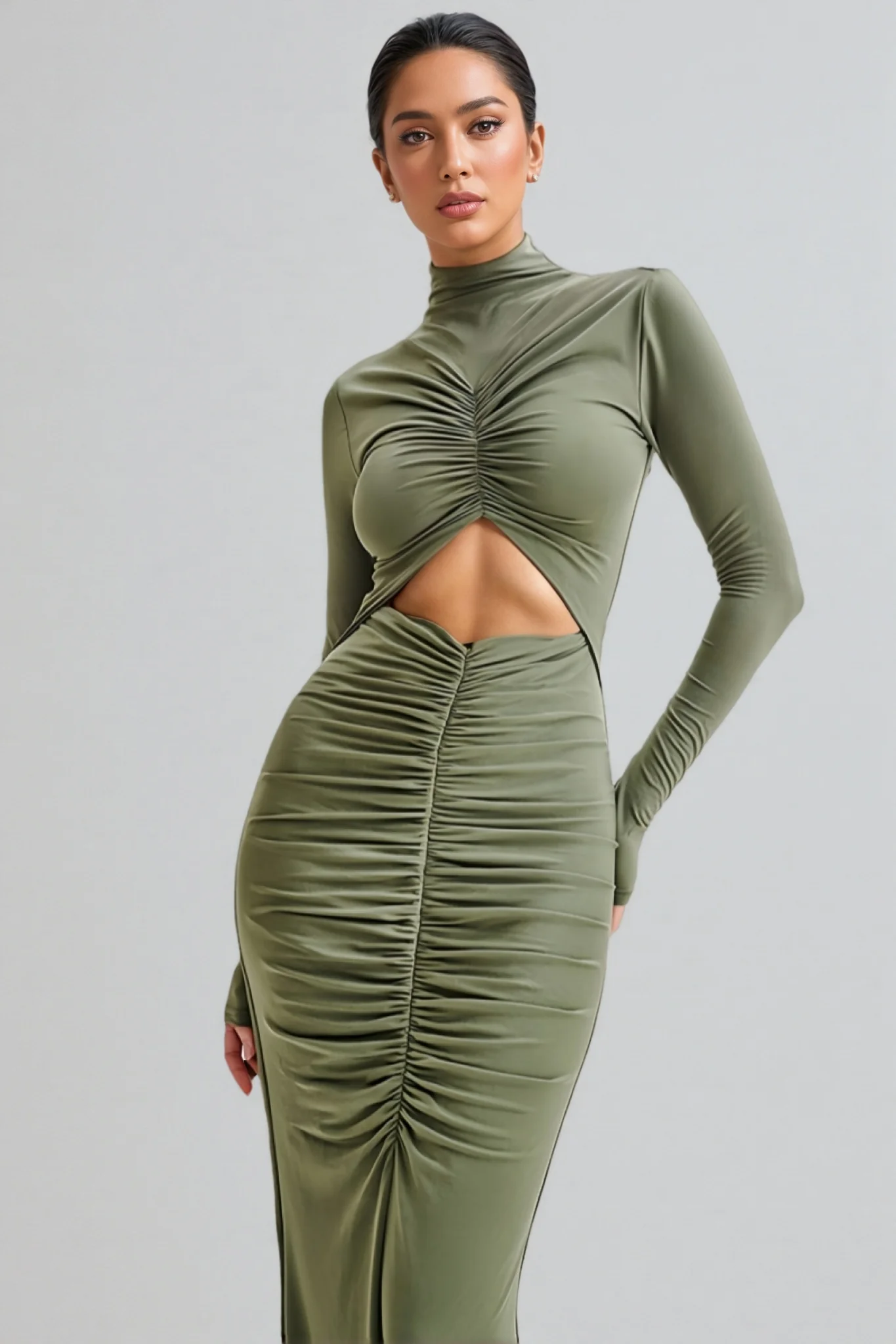 Tona Army Green Cutout Pleated Maxi Dress